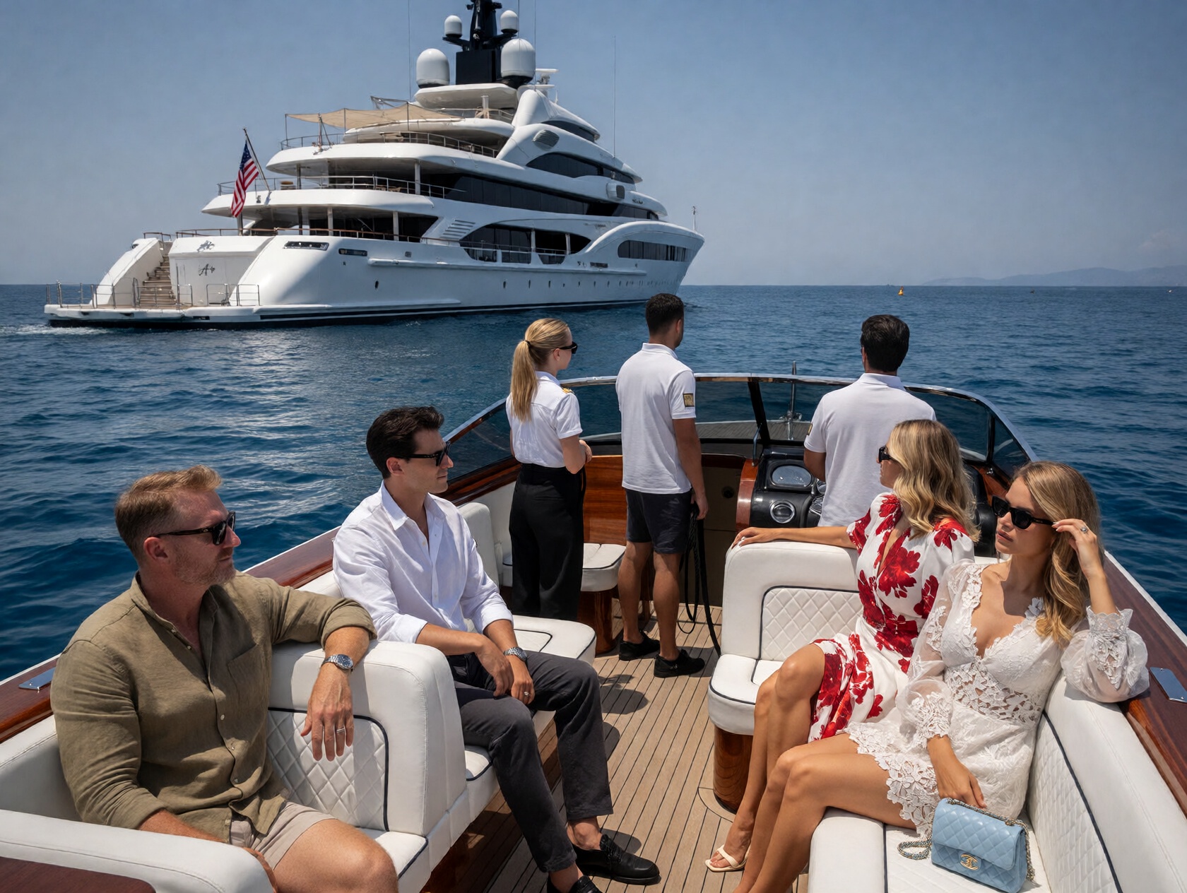 {"high_level_description":"A high-noon cinematic lifestyle photograph of affluent guests aboard a luxury mahogany-decked t...