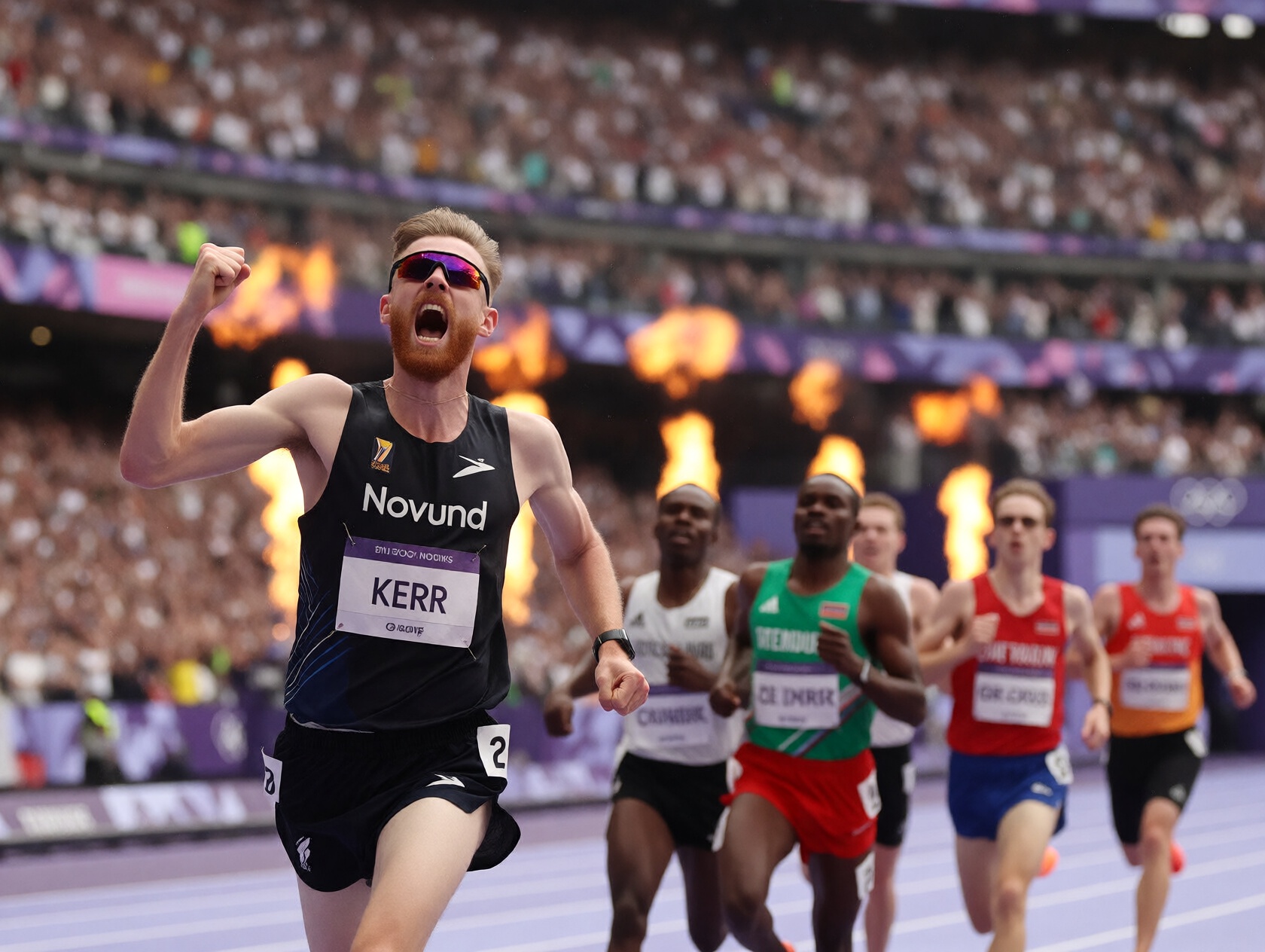 {"high_level_description":"Scottish middle-distance runner,  roars in triumph as he crosses the finish line at a world-cla...
