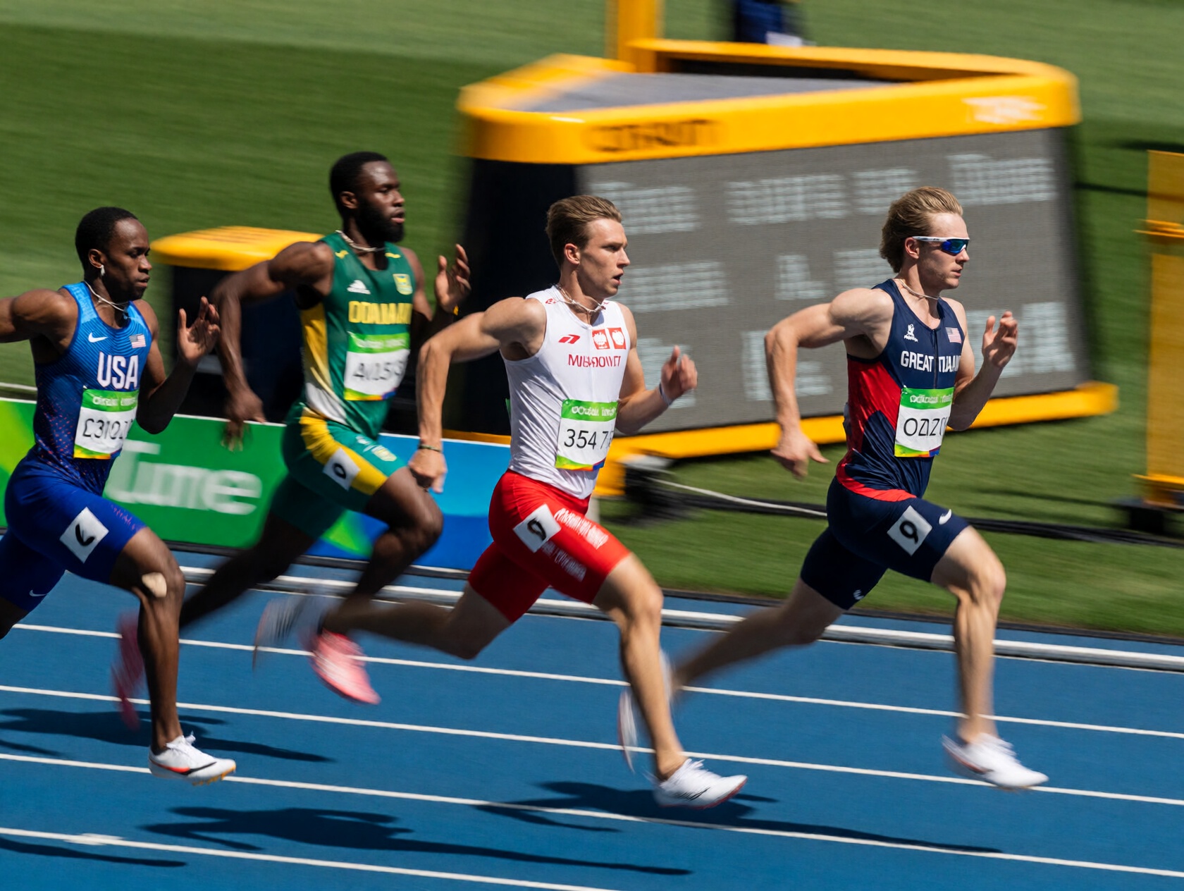 {"high_level_description":"A high-speed cinematic sports photograph captures four elite male sprinters mid-stride on a dee...