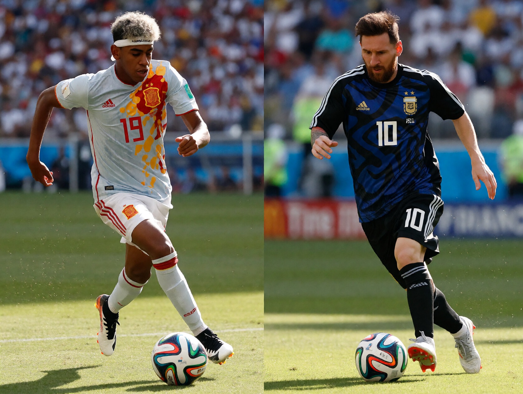 {"high_level_description":"A cinematic split-screen comparison featuring Lamine Yamal and Lionel Messi mid-dribble. Both a...
