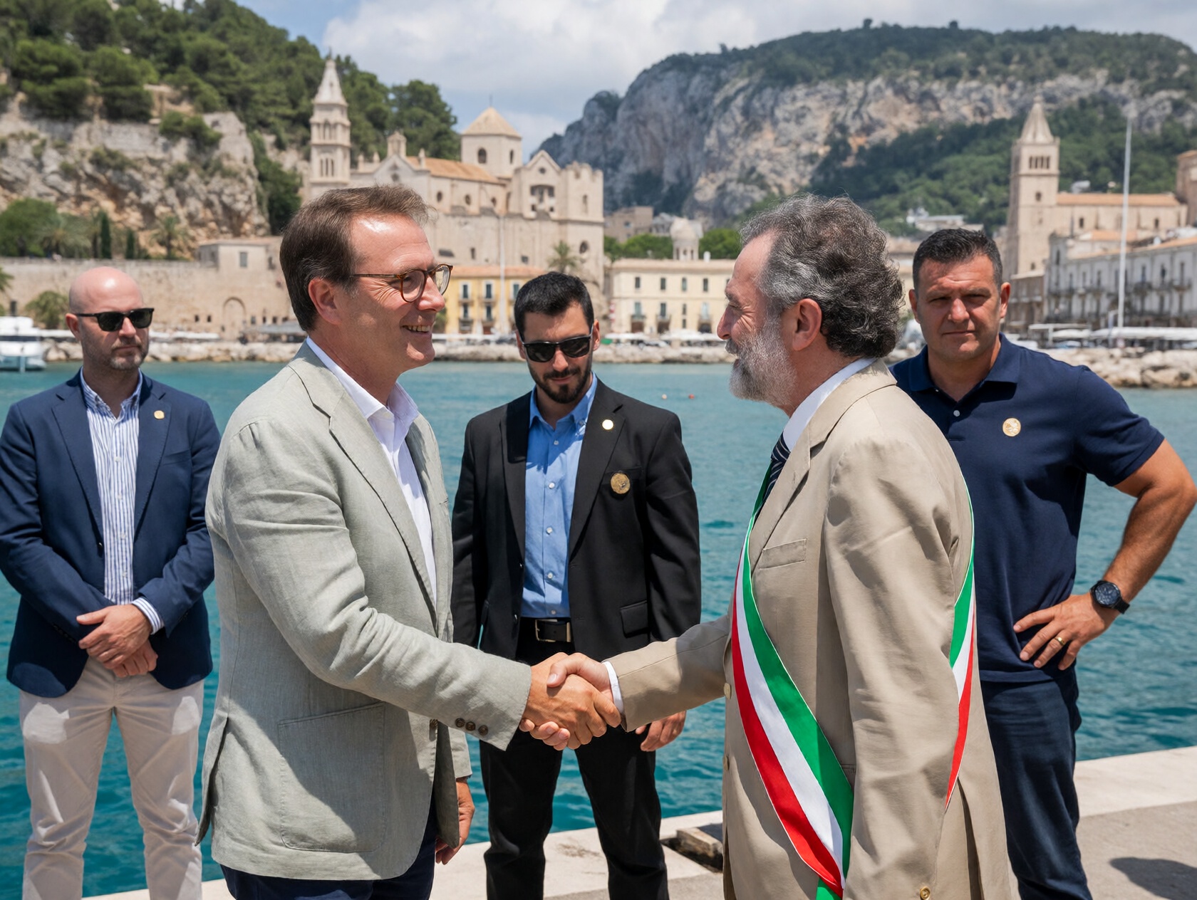 {"high_level_description":"A crisp daylight photograph of a formal diplomatic meeting on a Mediterranean pier. A local may...