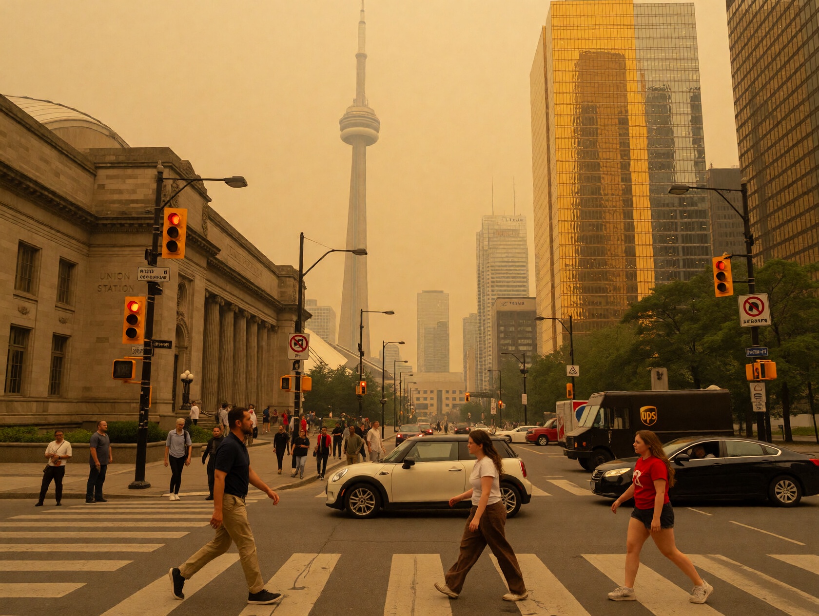 {"compositional_deconstruction":{"background": "A smog-filled sky in a deep ochre hue,  obscuring the horizon. The road is...