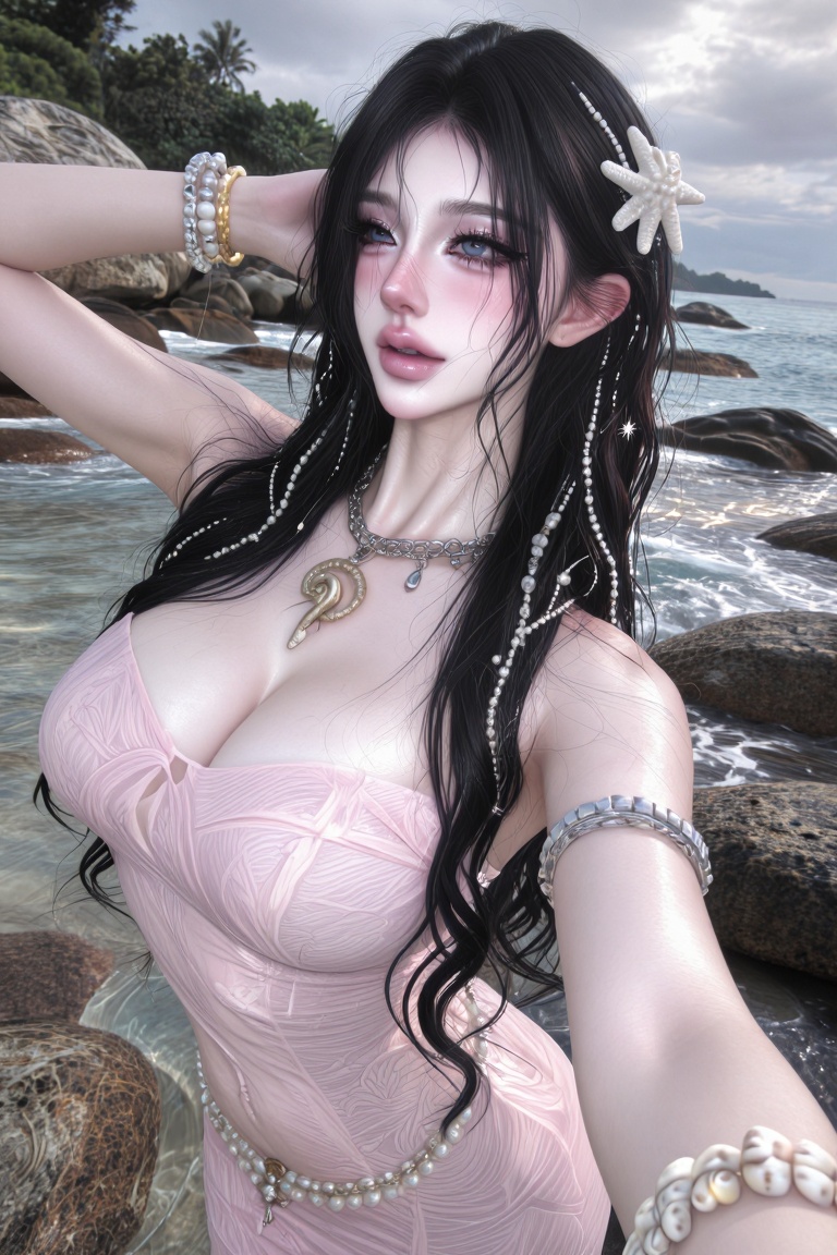 A beautiful young woman taking a selfie at a rocky seaside shoreline,  upper-body close-up,  dynamic selfie angle on Tenso...
