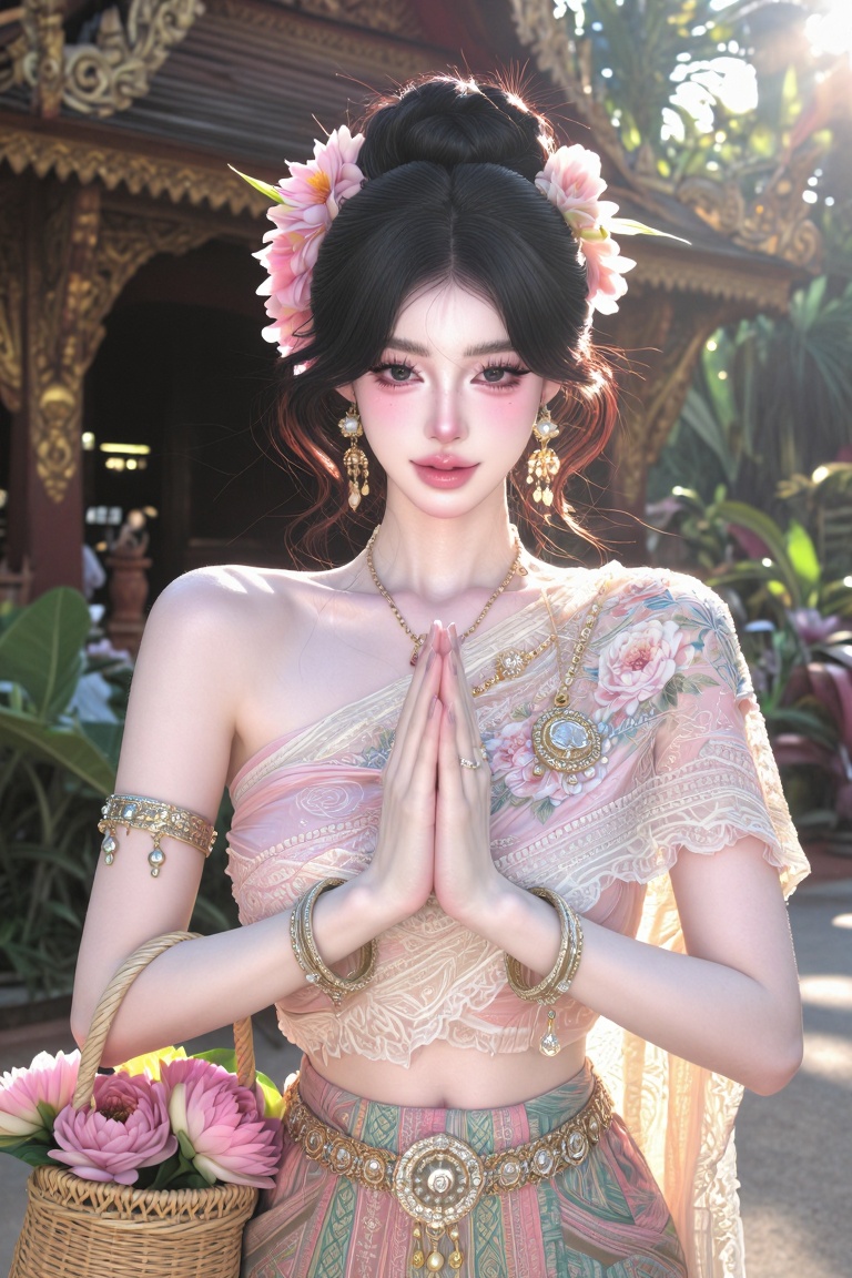 solo,  1woman,  Asian woman wearing traditional Thai Lanna attire on Tensor.Art