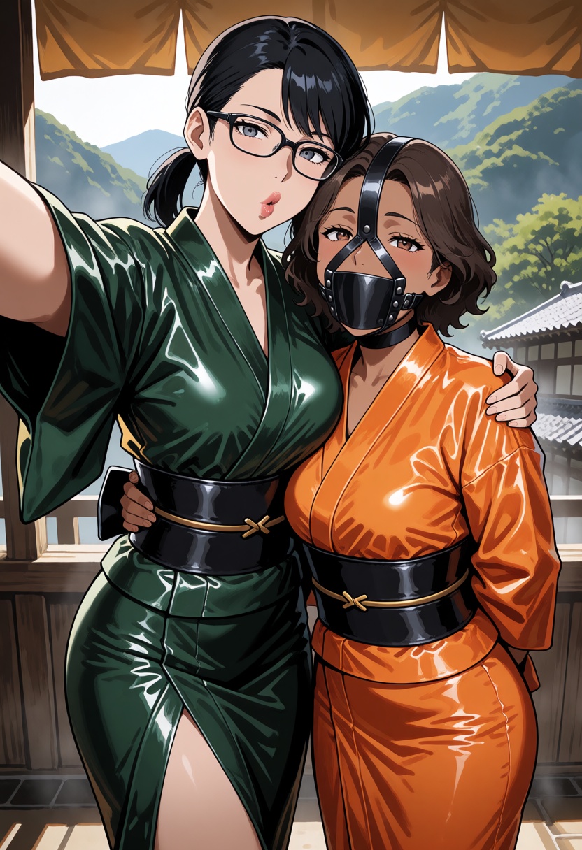 A selfie of two women wearing latex yukatas with wide black leather belts. One of them is tall,  slender and athletic with...