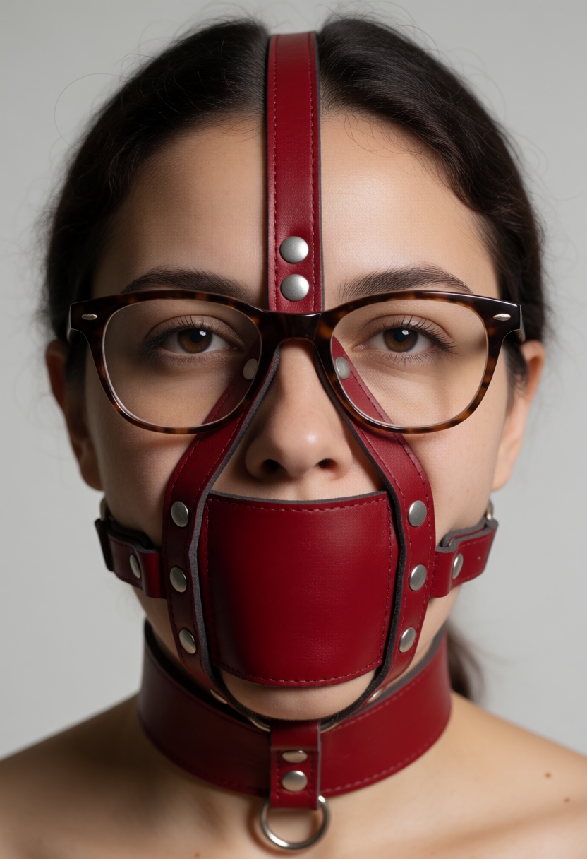 Portrait photograph of a woman wearing glasses over a harness panel gag made of red leather covering her mouth. on Tensor.Art