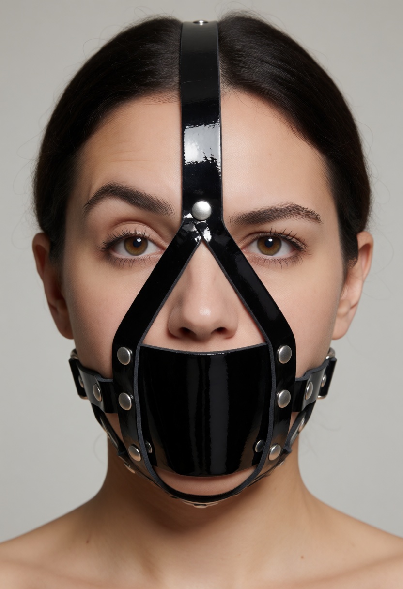 Portrait photograph of a woman wearing a harness panel gag made of black patent leather over her mouth. She is raising one...