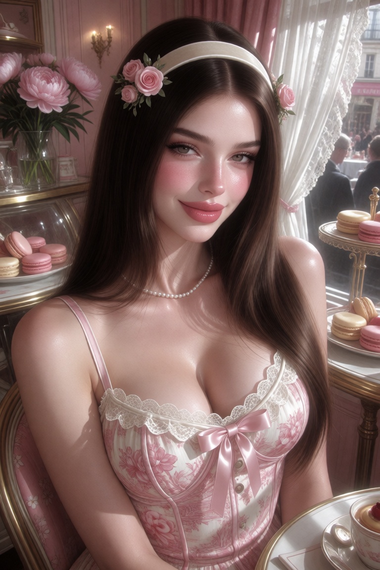 Semi-closeup portrait,  chest up,  of a woman seated in a Parisian pâtisserie. Oval face on Tensor.Art