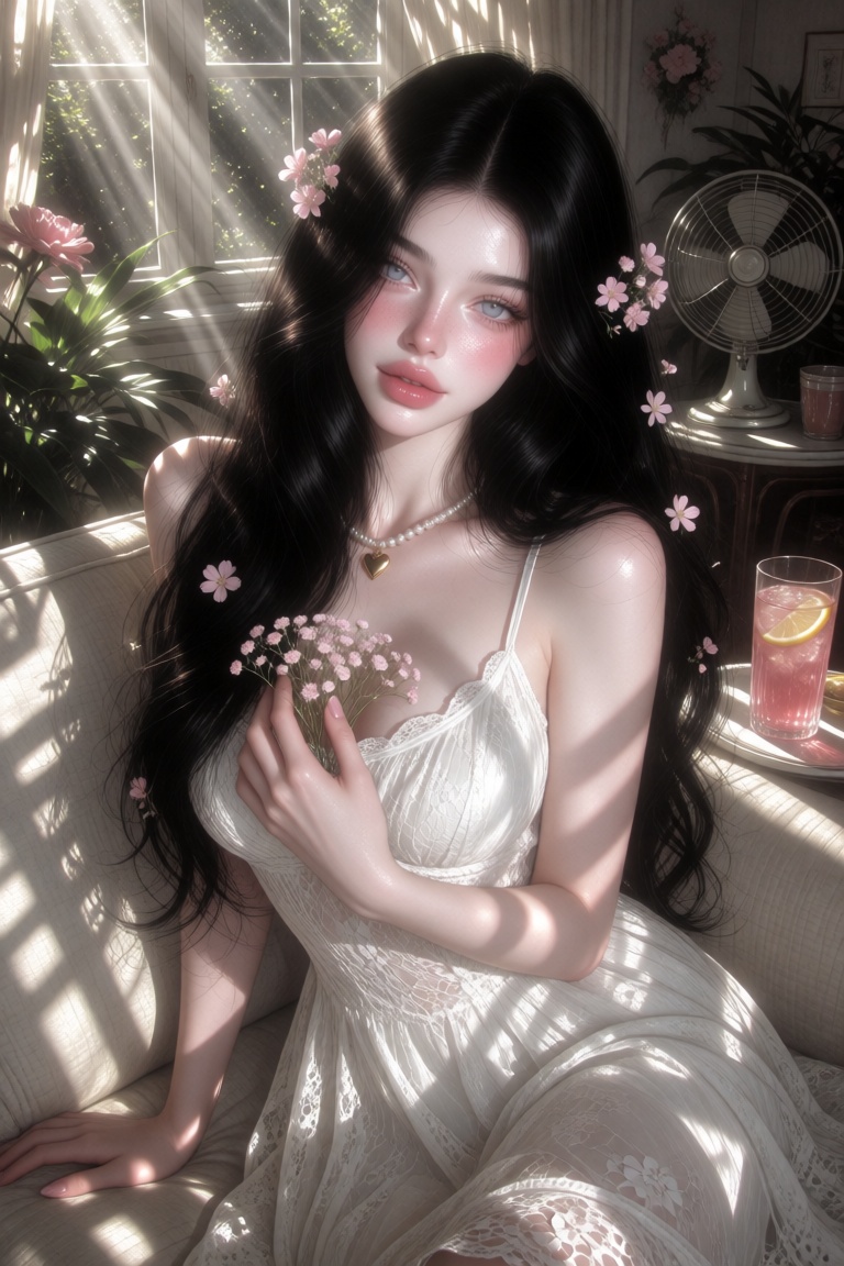 p0rcelana,  A portrait of a beautiful woman captured from a slightly elevated eye-level angle in a medium-close-up shot th...