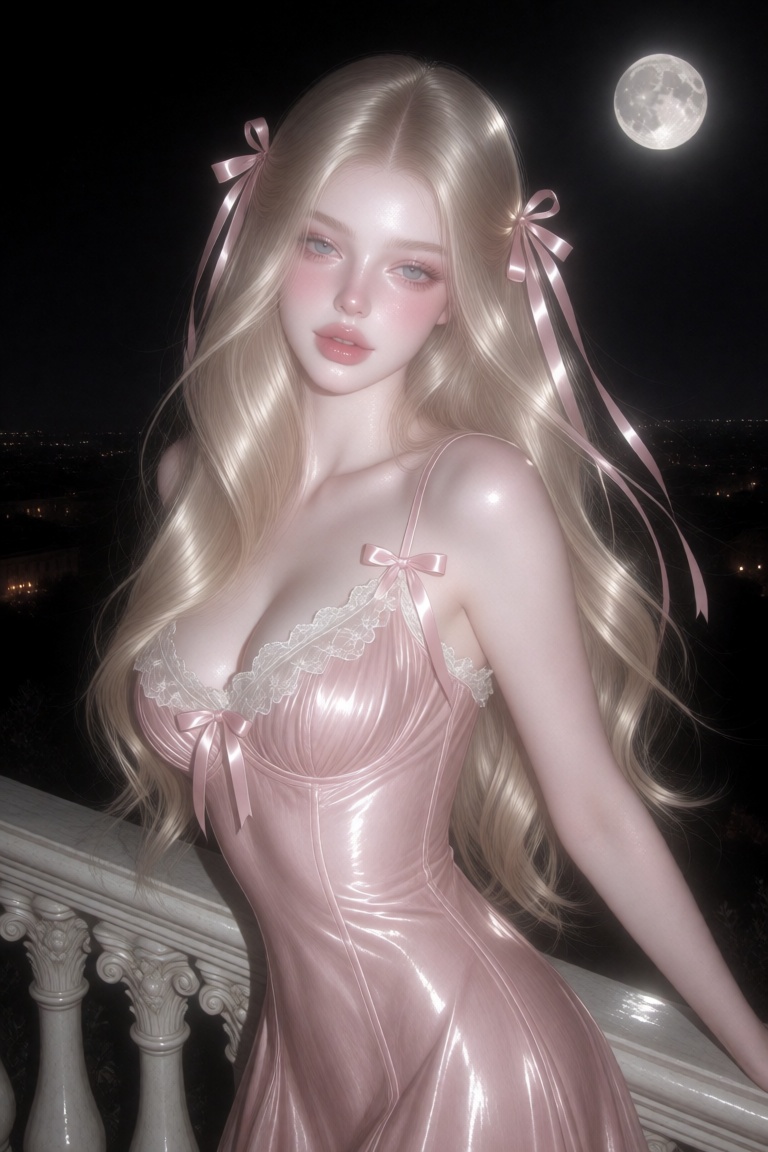 p0rcelana,  A portrait of a beautiful woman is captured in a waist-up framing scale that centers her torso and face agains...