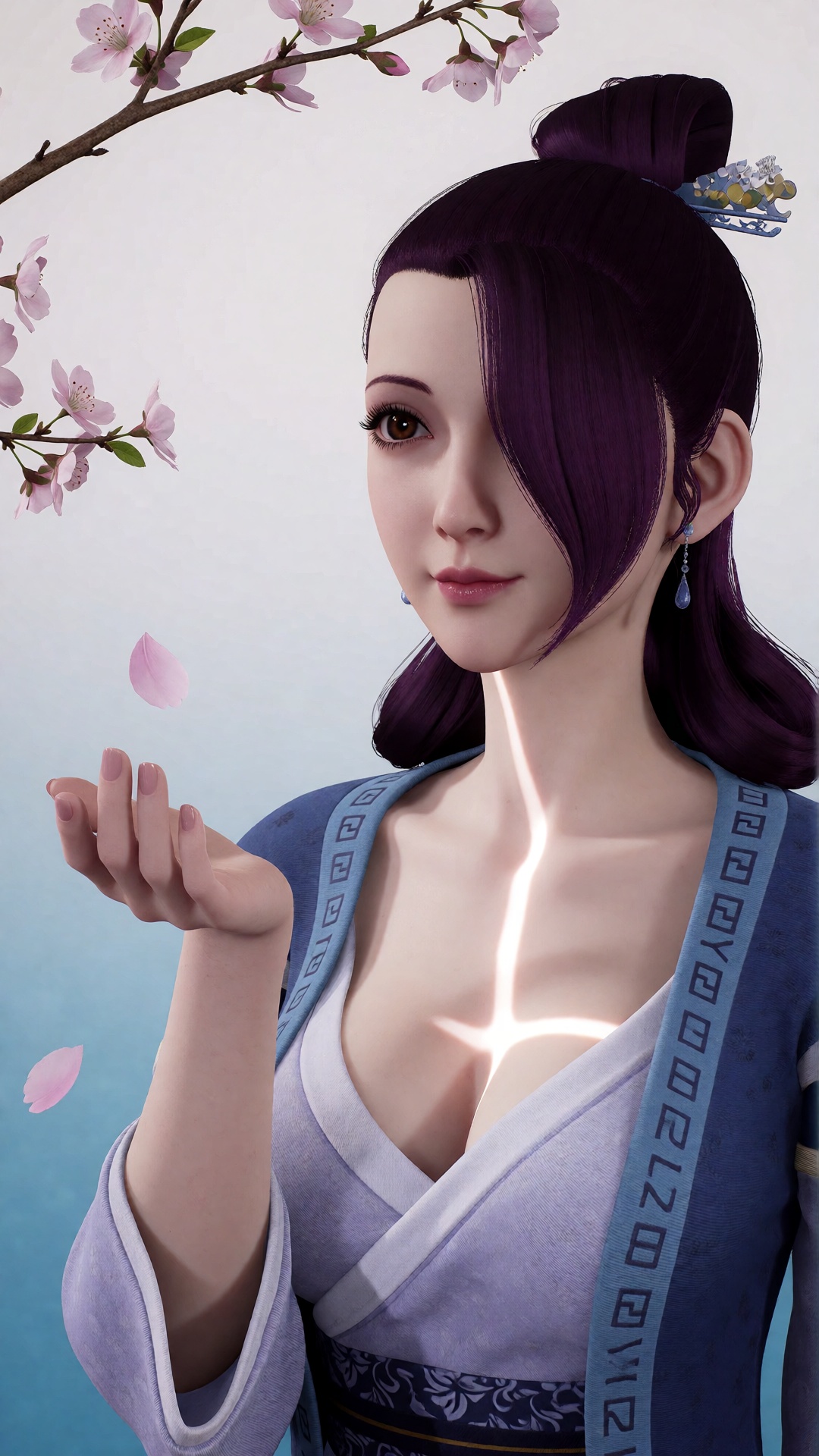 中景画面中,  一位美丽的女子YX2 clothes伸手承接飘落的桃花瓣,  她的眼中充满了柔情。白光直射在她的身上 by 月恋-❀ on Tensor.Art