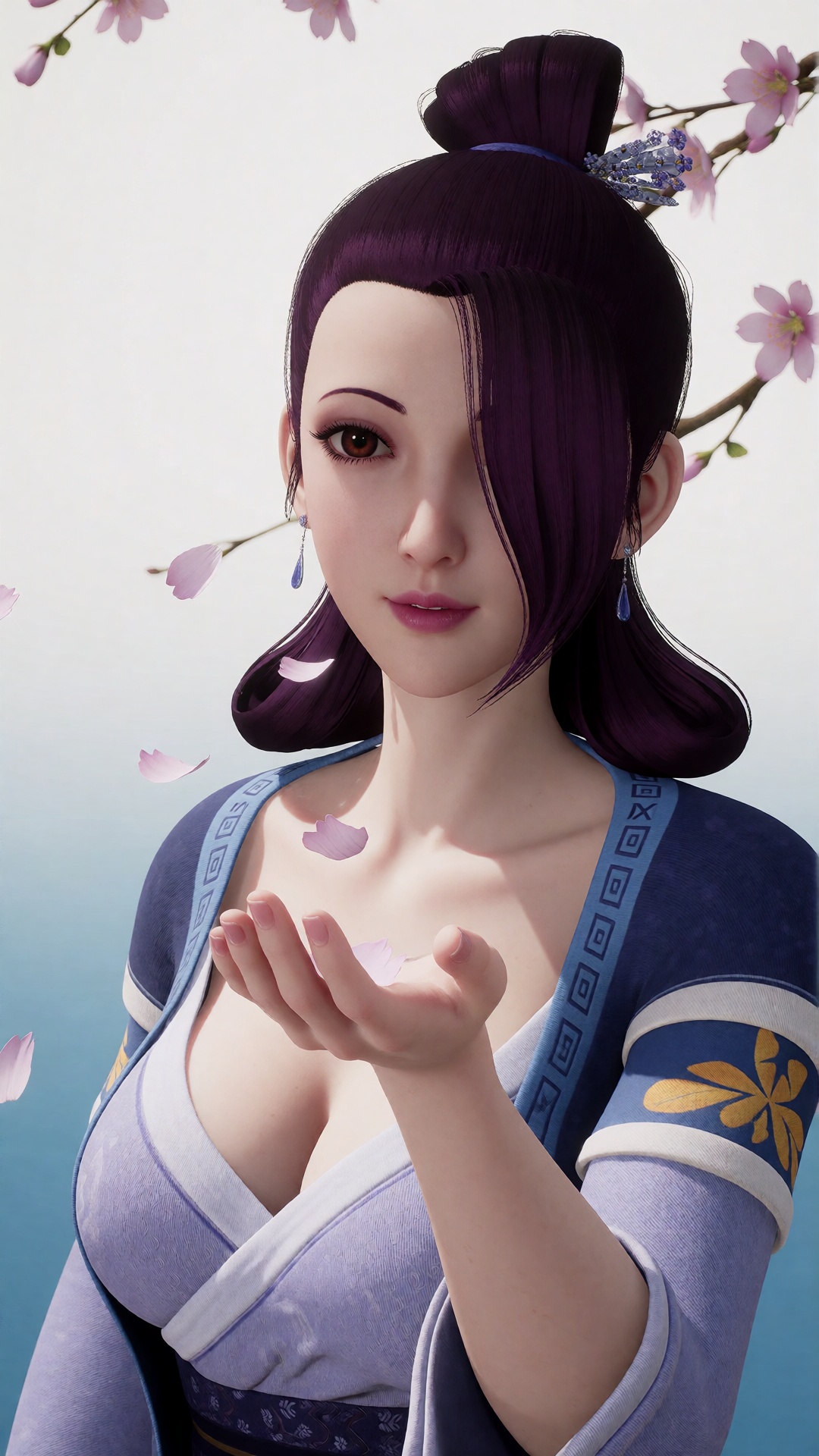 中景画面中,  一位美丽的女子YX clothes伸手承接飘落的桃花瓣,  她的眼中充满了柔情。白光直射在她的身上 by 月恋-❀ on Tensor.Art