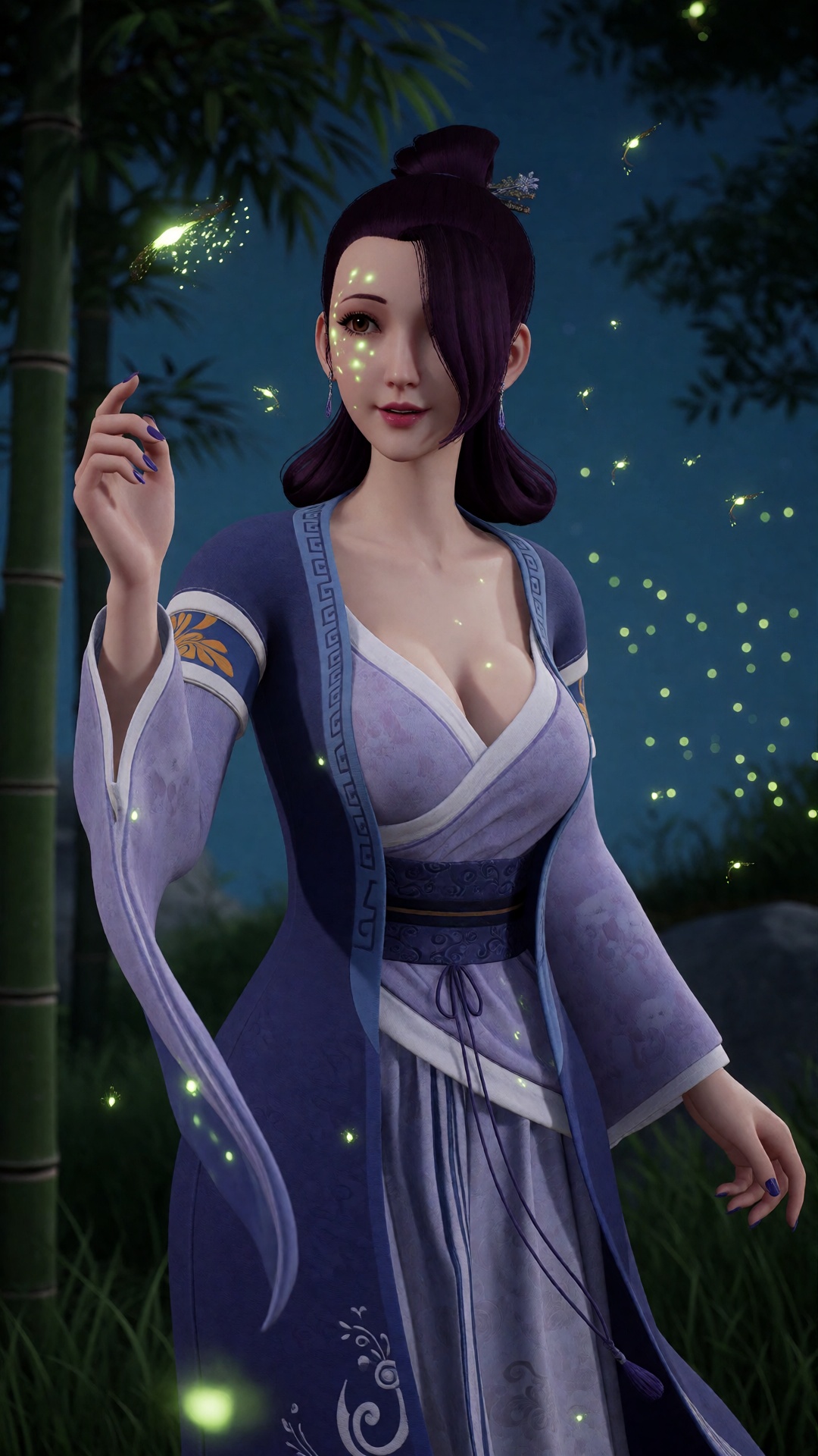 中景画面,  一位美丽女子YX clothes站在夜间的竹林中,  无数萤火虫在她周围发出翡翠绿光 by 月恋-❀ on Tensor.Art