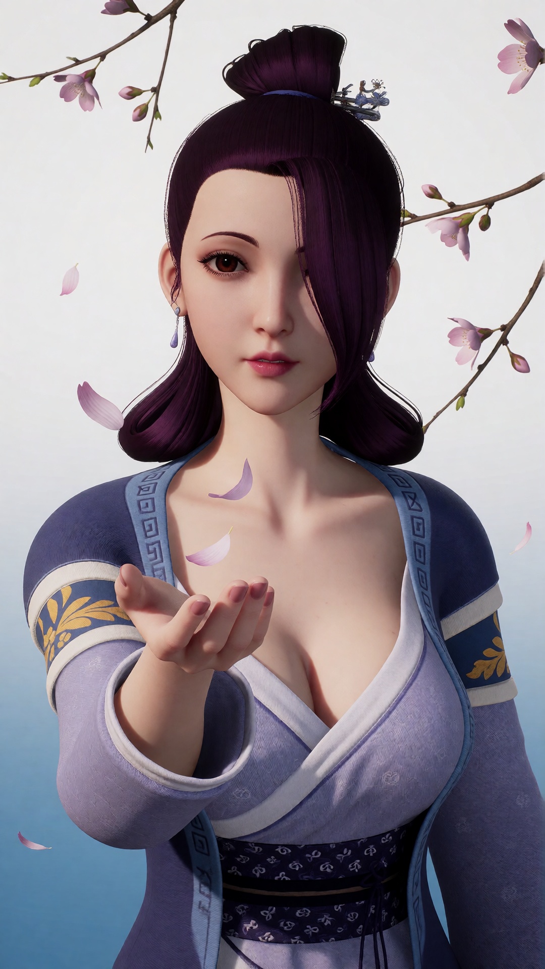 中景画面中,  一位美丽的女子YX clothes伸手承接飘落的桃花瓣,  她的眼中充满了柔情。光照在她的身上 on Tensor.Art