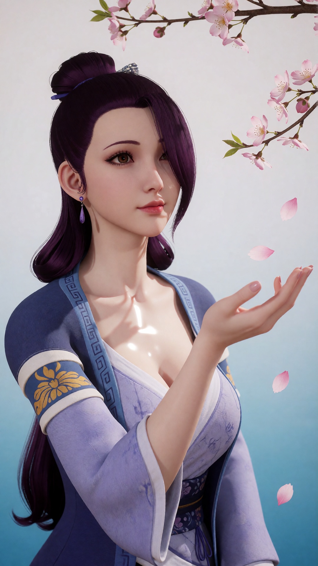 中景画面中,  一位美丽的女子YX clothes伸手承接飘落的桃花瓣,  她的眼中充满了柔情。白光直射在她的身上 by 月恋-❀ on Tensor.Art