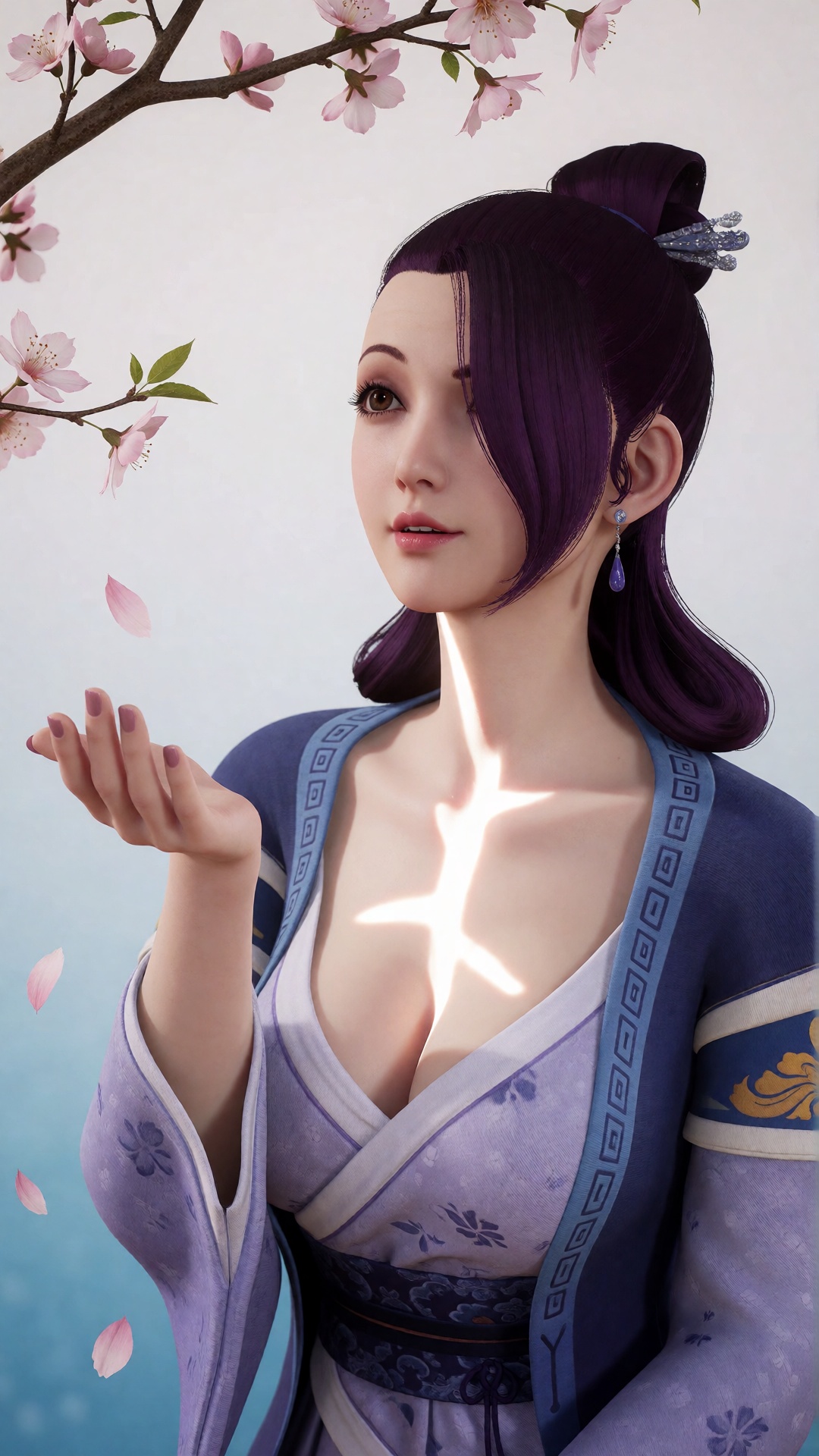 中景画面中,  一位美丽的女子YX clothes伸手承接飘落的桃花瓣,  她的眼中充满了柔情。白光直射在她的身上 by 月恋-❀ on Tensor.Art