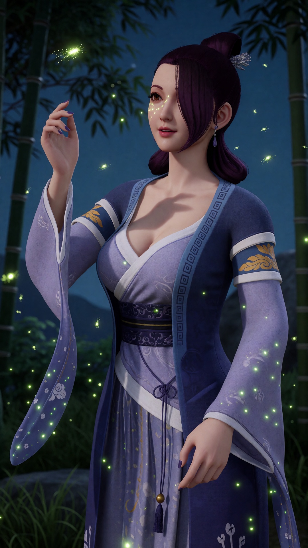 中景画面,  一位美丽女子YX clothes站在夜间的竹林中,  无数萤火虫在她周围发出翡翠绿光 by 月恋-❀ on Tensor.Art
