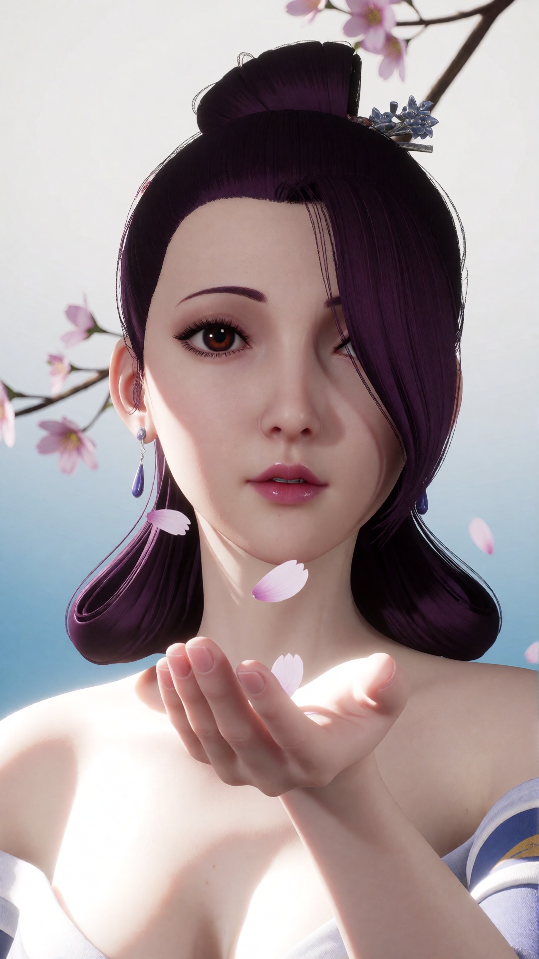 中景画面中,  一位美丽的女子伸手承接飘落的桃花瓣,  她的眼中充满了柔情。白光直射在她的身上 by 月恋-❀ on Tensor.Art