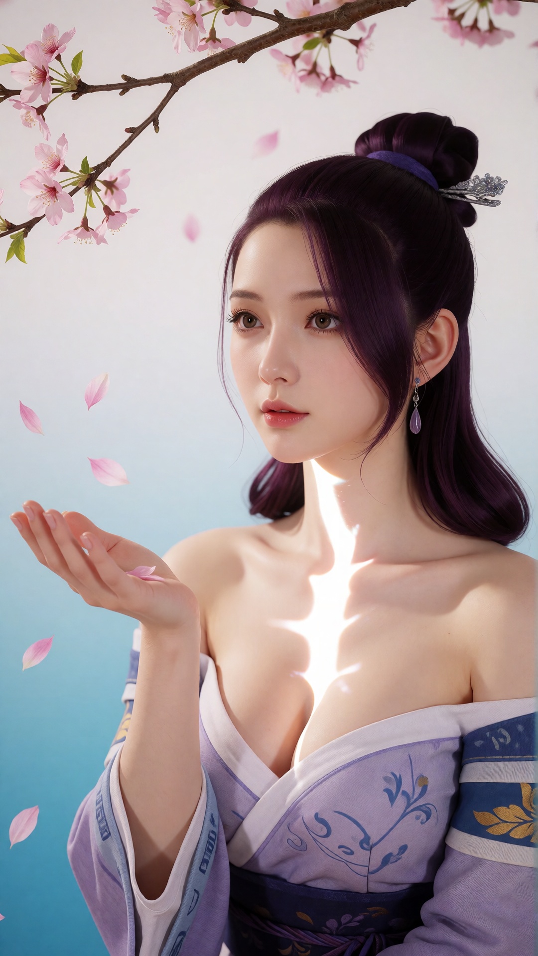 中景画面中,  一位美丽的女子伸手承接飘落的桃花瓣,  她的眼中充满了柔情。白光直射在她的身上 by 月恋-❀ on Tensor.Art