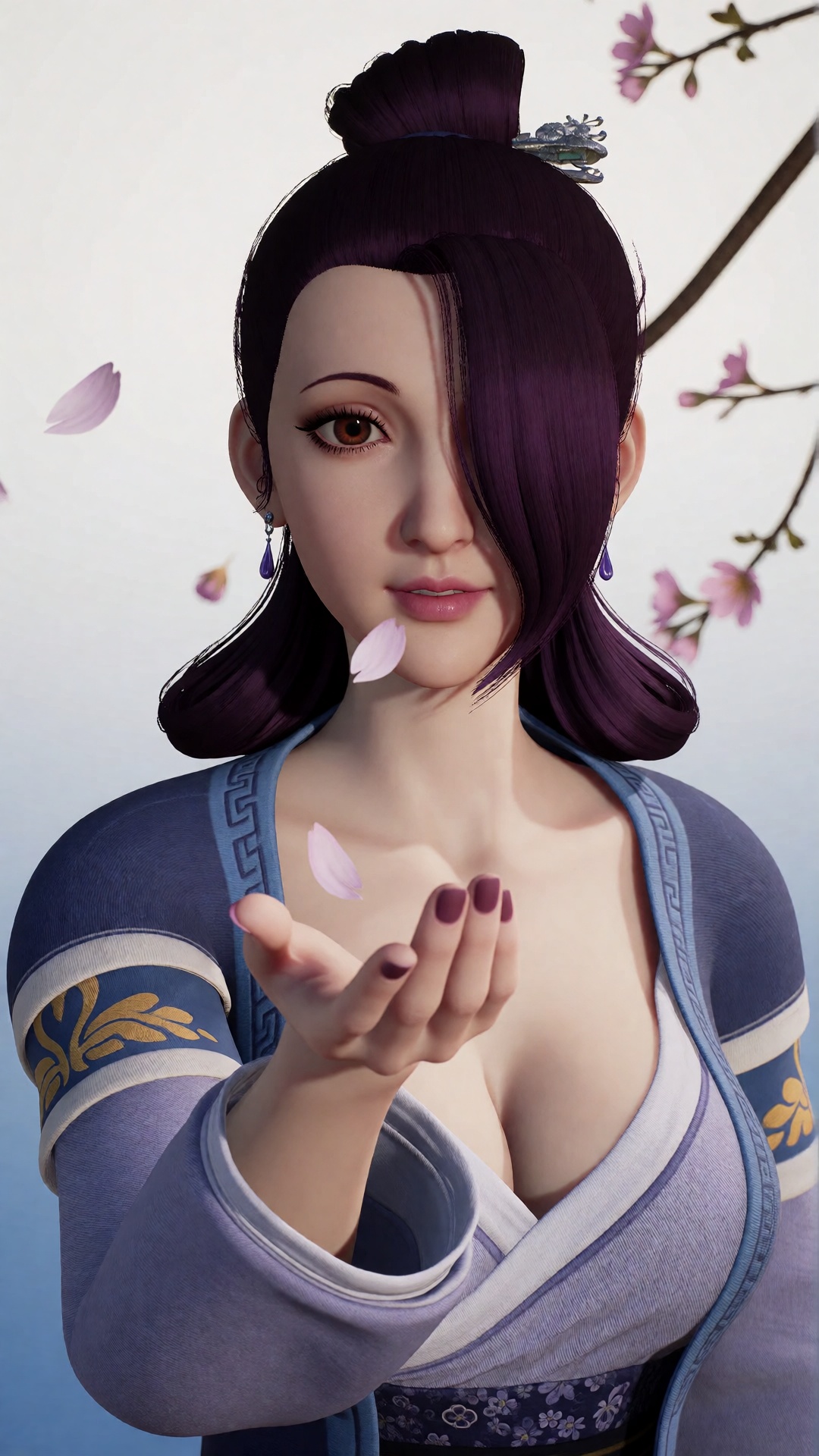 中景画面中,  一位美丽的女子YX clothes伸手承接飘落的桃花瓣,  她的眼中充满了柔情。光照在她的身上 by 月恋-❀ on Tensor.Art