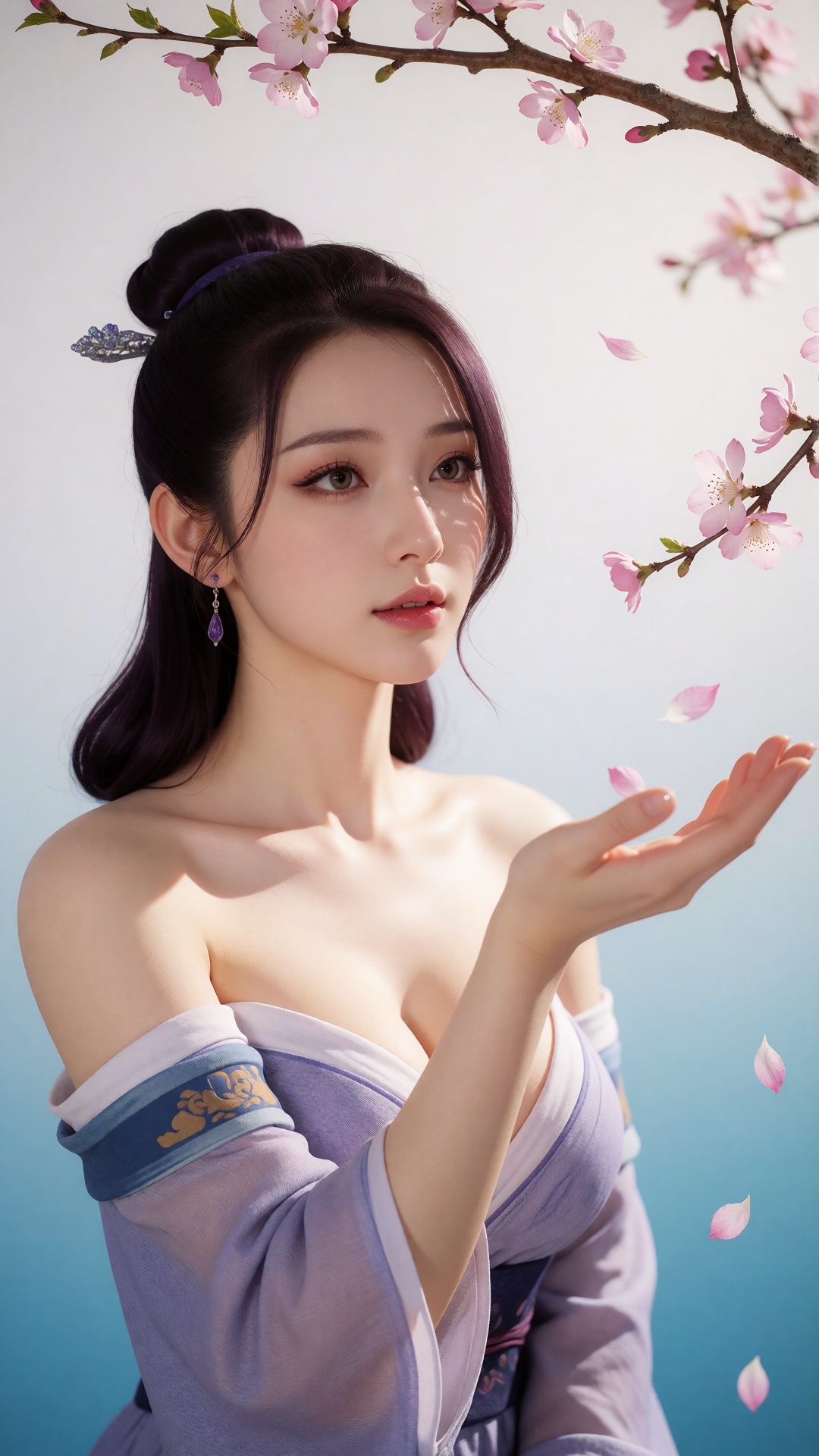 中景画面中,  一位美丽的女子伸手承接飘落的桃花瓣,  她的眼中充满了柔情。白光直射在她的身上 by 月恋-❀ on Tensor.Art