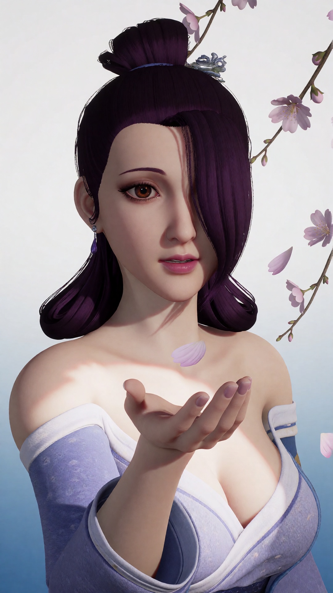 中景画面中,  一位美丽的女子YX2 clothes伸手承接飘落的桃花瓣,  她的眼中充满了柔情。白光直射在她的肩膀上 by 月恋-❀ on Tensor.Art