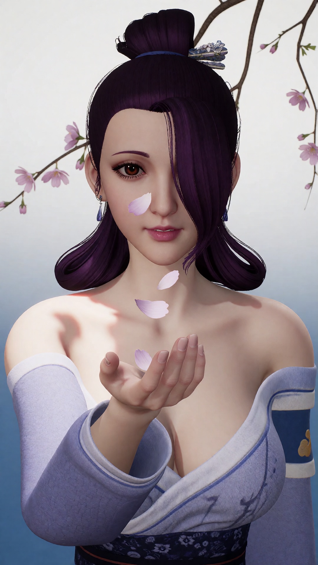 中景画面中,  一位美丽的女子YX clothes伸手承接飘落的桃花瓣,  她的眼中充满了柔情。白光直射在她的肩膀上 on Tensor.Art