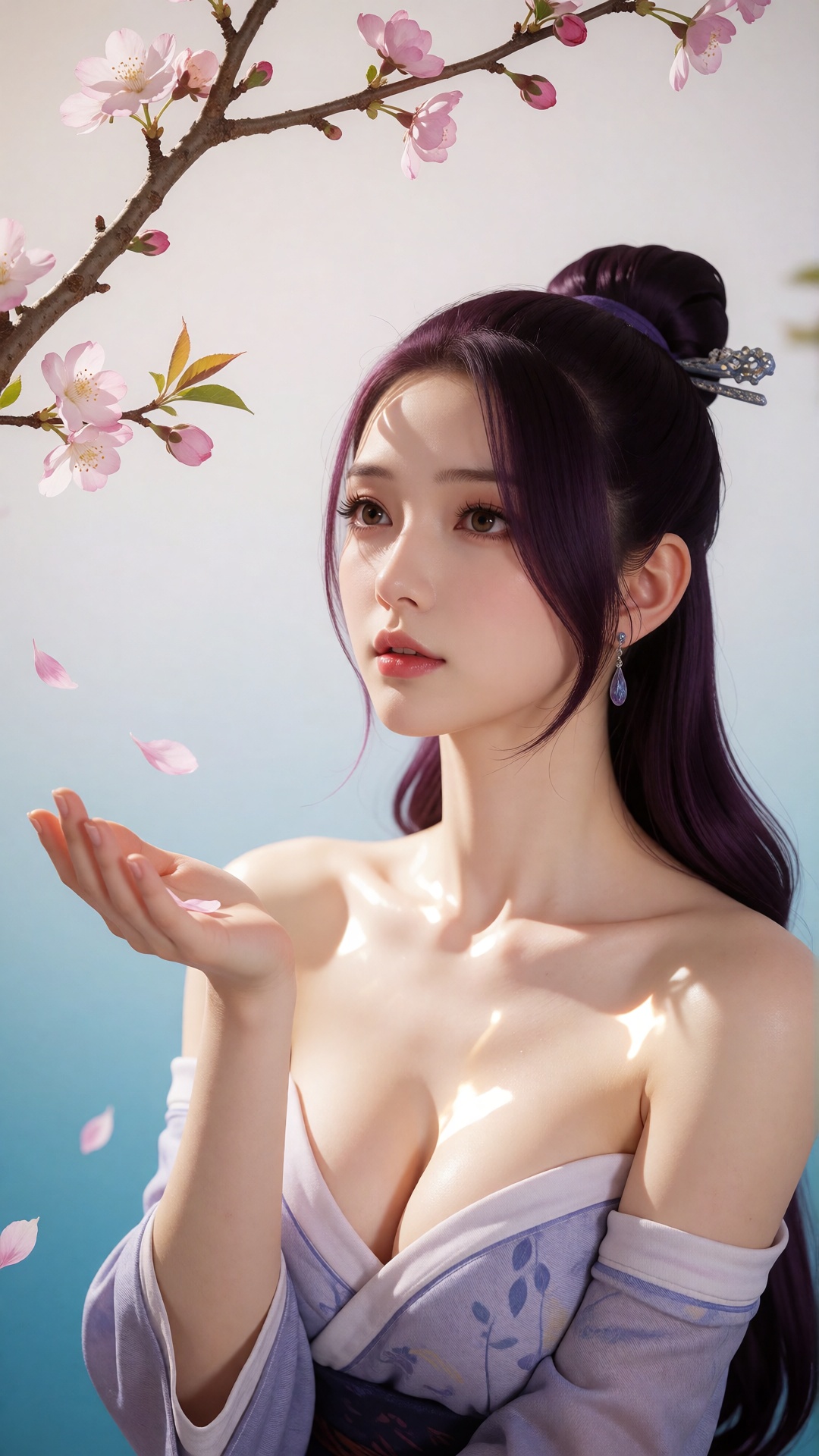 中景画面中,  一位美丽的女子伸手承接飘落的桃花瓣,  她的眼中充满了柔情。白光直射在她的身上 on Tensor.Art