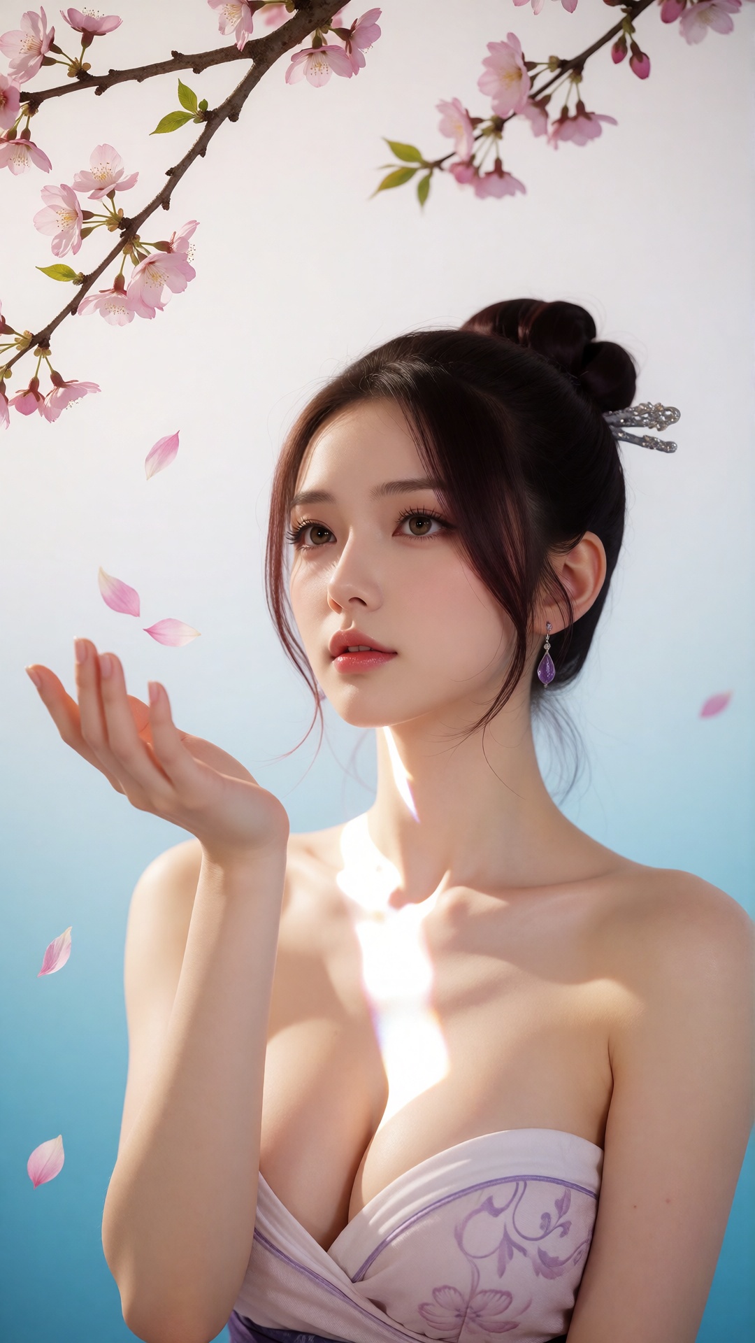 中景画面中,  一位美丽的女子伸手承接飘落的桃花瓣,  她的眼中充满了柔情。白光直射在她的身上 on Tensor.Art