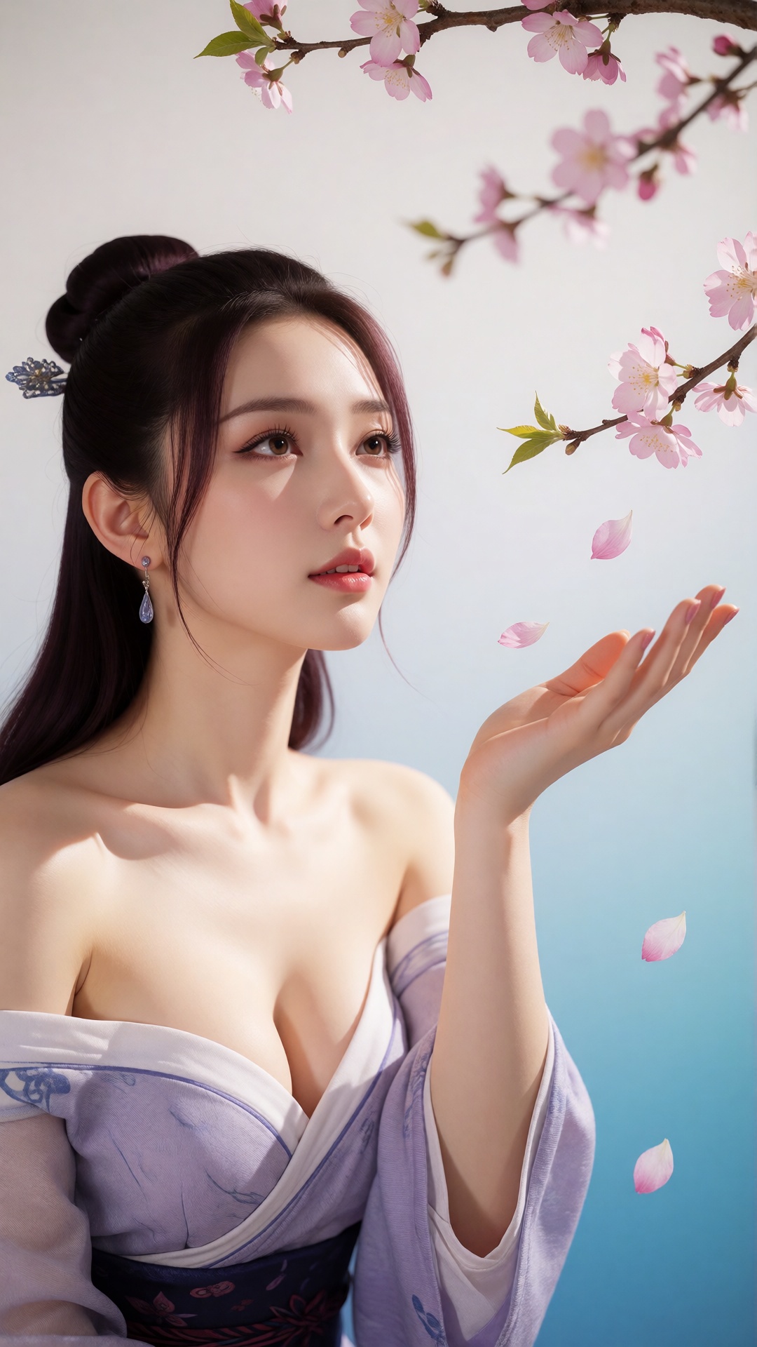 中景画面中,  一位美丽的女子伸手承接飘落的桃花瓣,  她的眼中充满了柔情。白光直射在她的身上 by 月恋-❀ on Tensor.Art