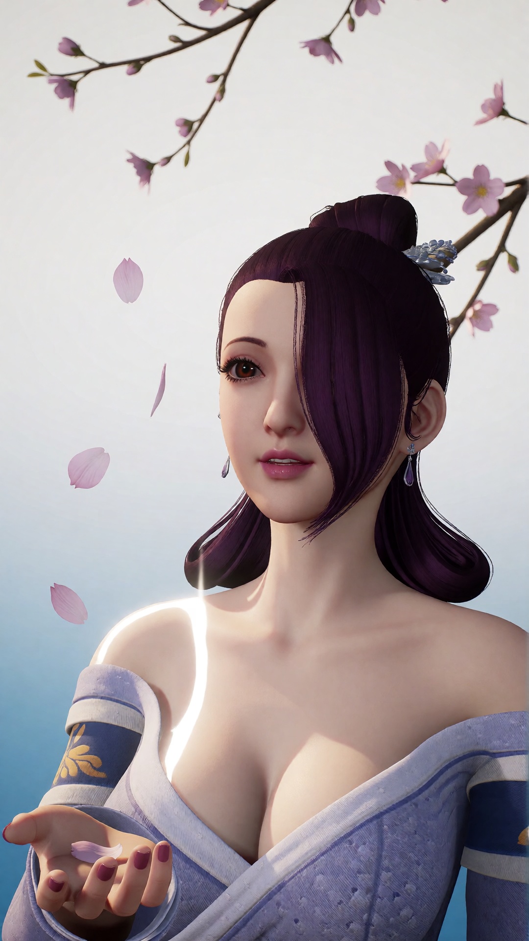 中景画面中,  一位美丽的女子YX clothes伸手承接飘落的桃花瓣,  她的眼中充满了柔情。白光直射在她的肩膀上 on Tensor.Art