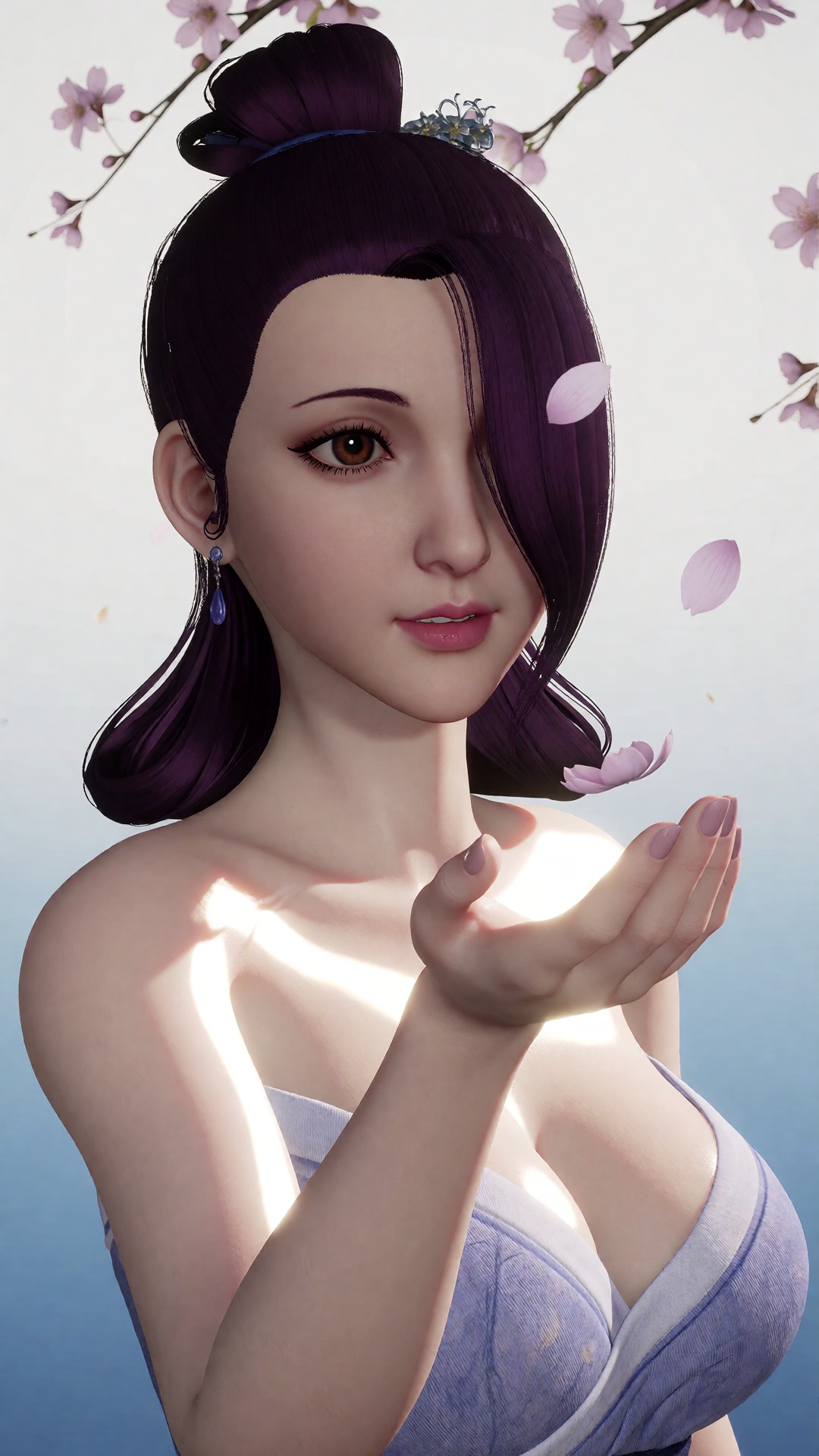 中景画面中,  一位美丽的女子YX2 clothes伸手承接飘落的桃花瓣,  她的眼中充满了柔情。白光直射在她的肩膀上 on Tensor.Art