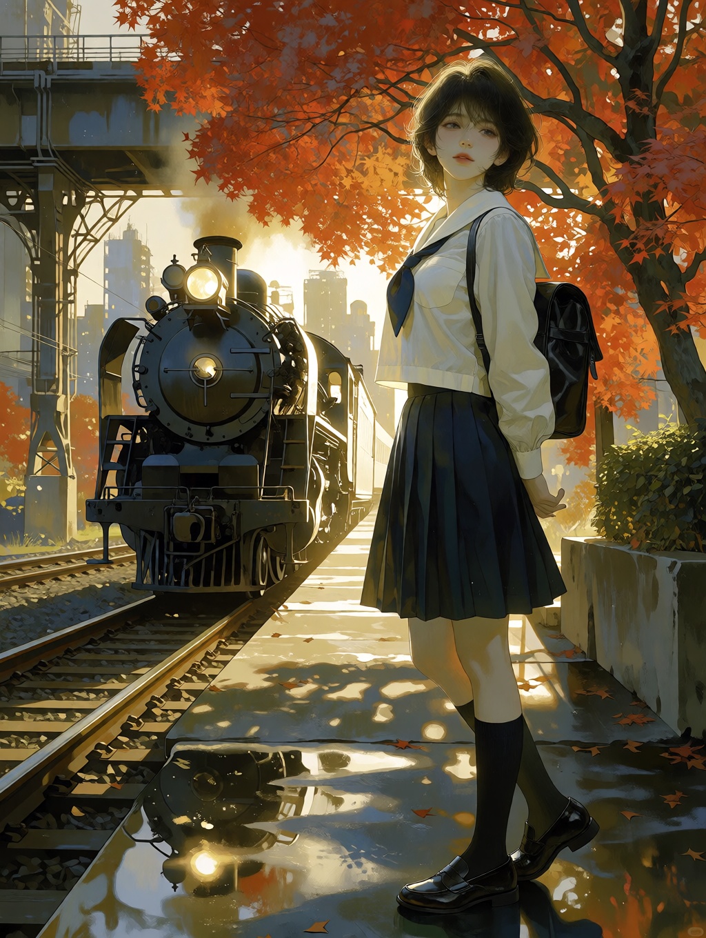 Captured from a medium-low angle that emphasizes the grand scale of the approaching train,  the perspective creates a powe...