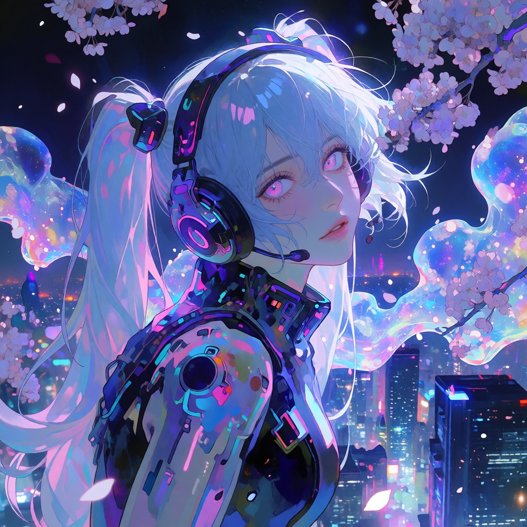 A fantastical,  vibrant cyber-pop anime illustration of a beautiful cyberpunk girl with long white twintails and luminous...