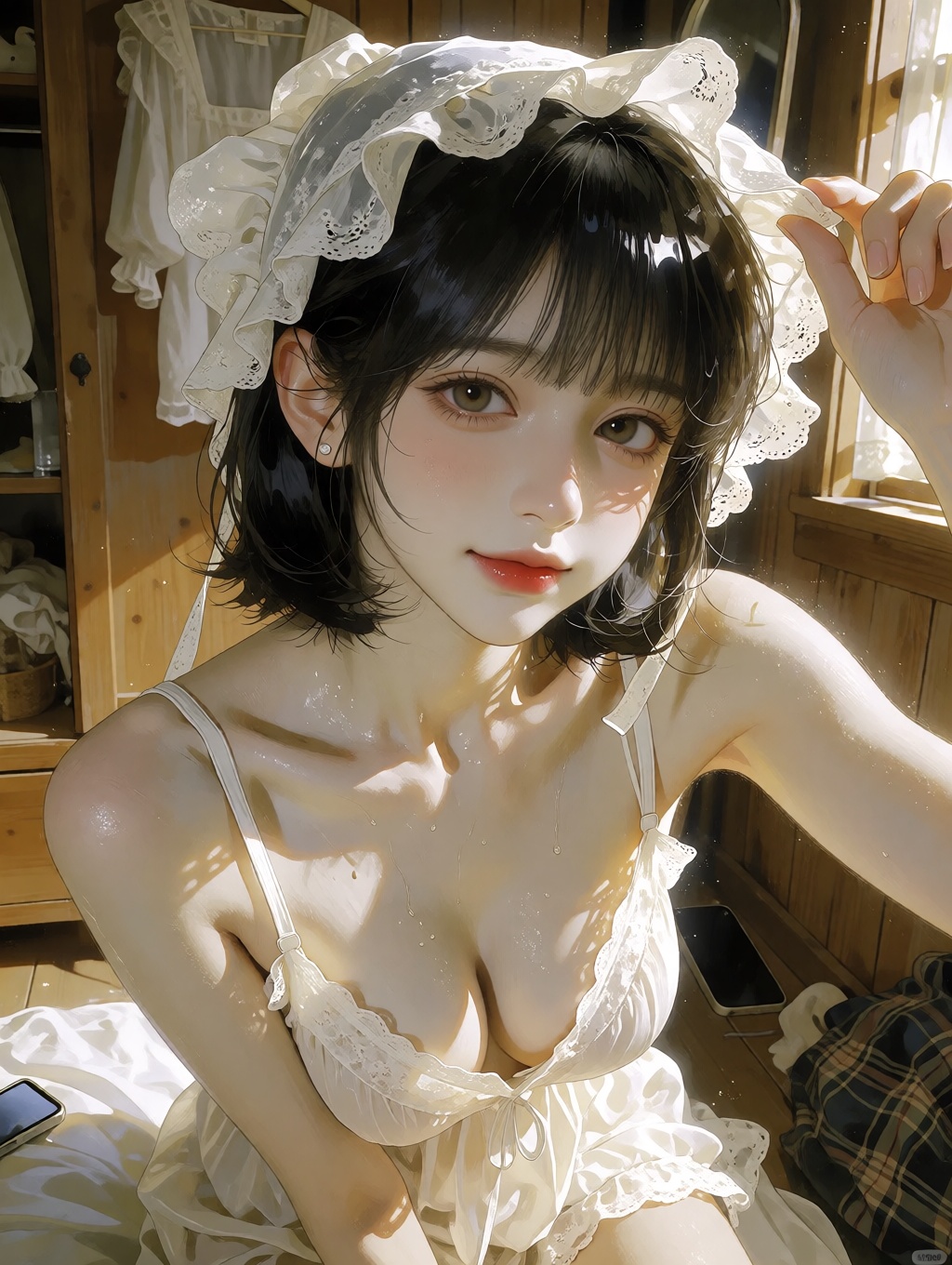 "subject": "description": "A charming young East Asian woman in her early 20s with fair porcelain skin,  taking a casual i...