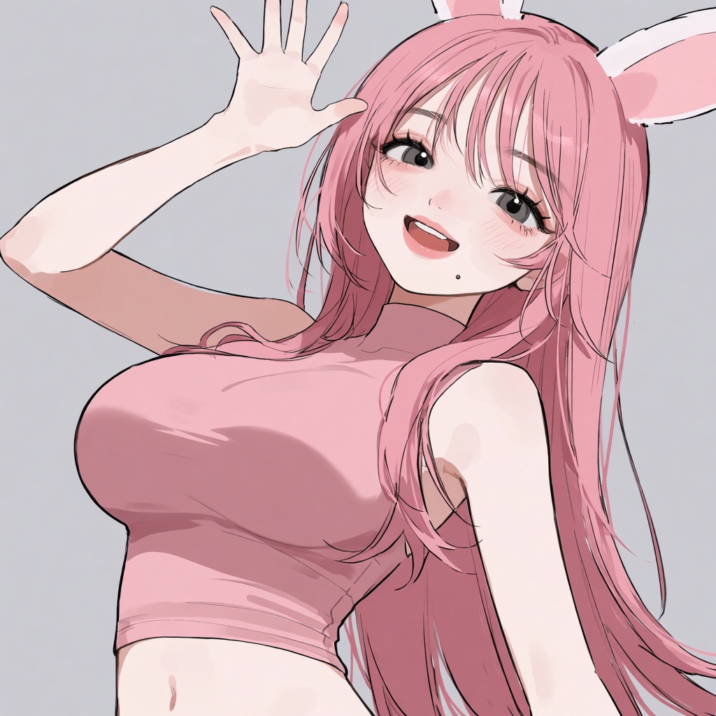 anime manhwa dynamic angle masterpiece featuring a cute,  smiling 1girl with pink hair and big breasts,  wearing a sleevel...