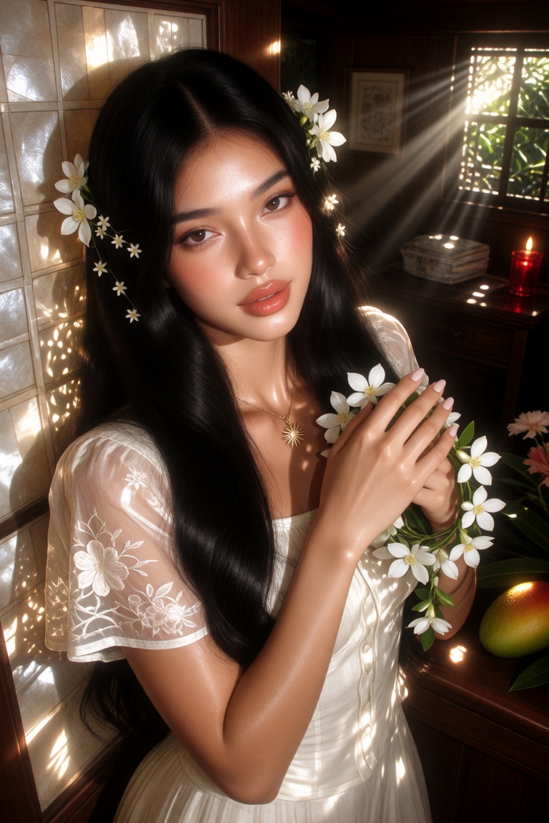 p0rcelana,  A portrait of a beautiful Filipina woman captured from a slightly elevated eye-level angle in a medium-close-u...