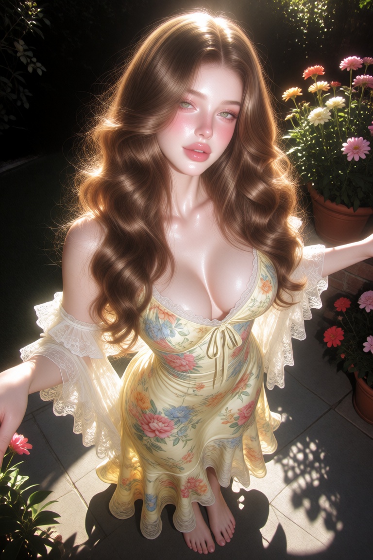 p0rcelana,  A portrait of a beautiful woman is captured from a high-angle perspective looking down at her,  creating a sli...