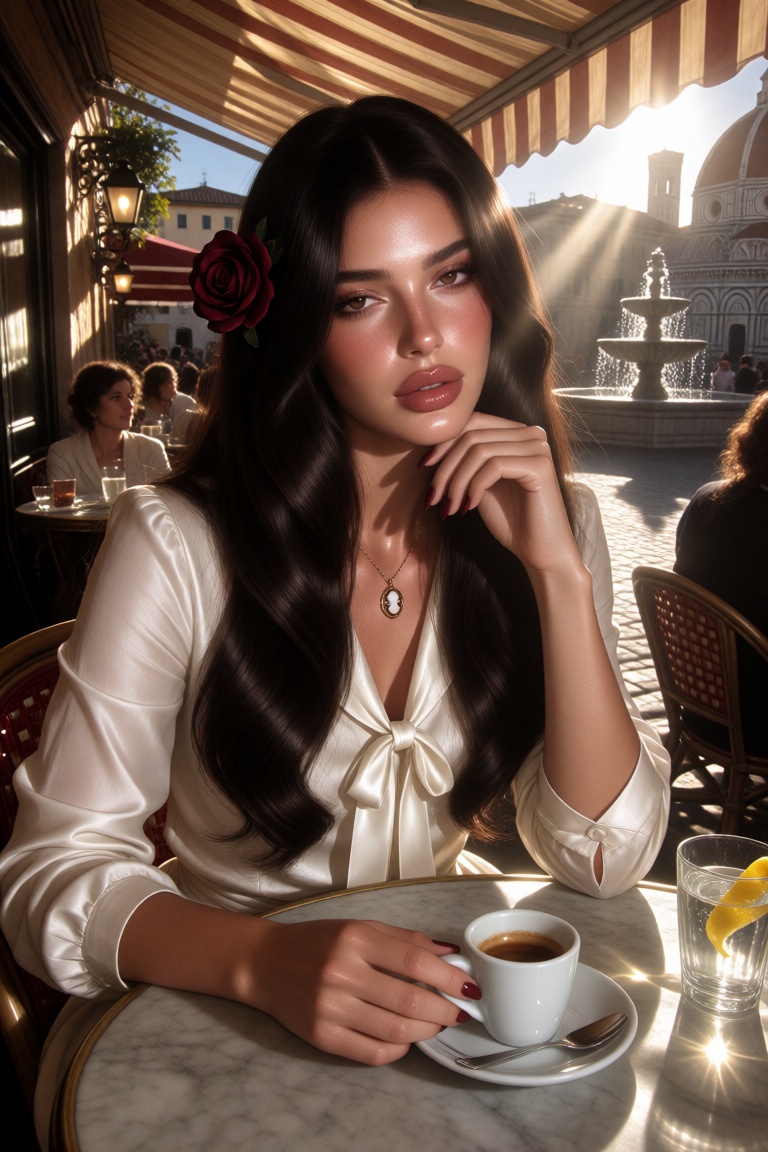 p0rcelana,  A portrait of a beautiful woman captured from a slightly elevated eye-level angle in a medium-close-up shot th...