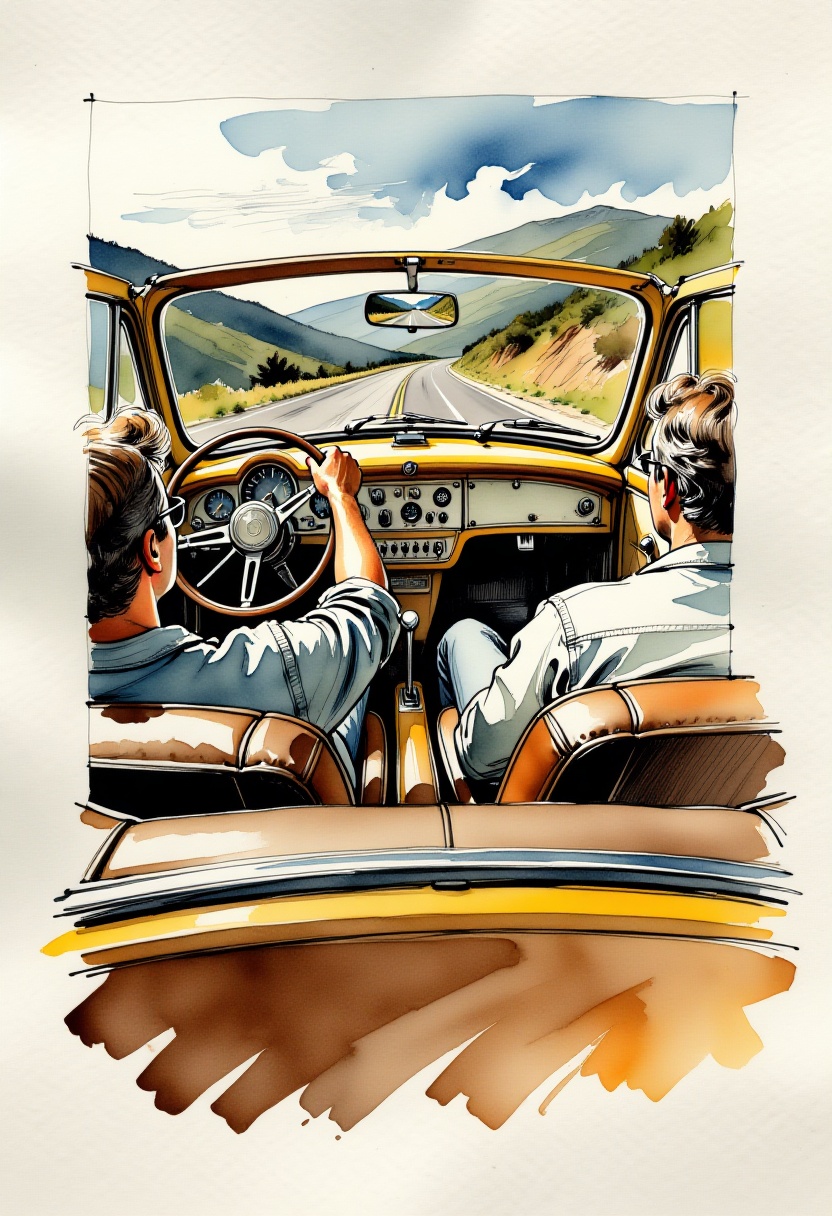 detailed gouache with outline in ink on textured paper,  depict an interior view from the backseat of a vintage yellow con...