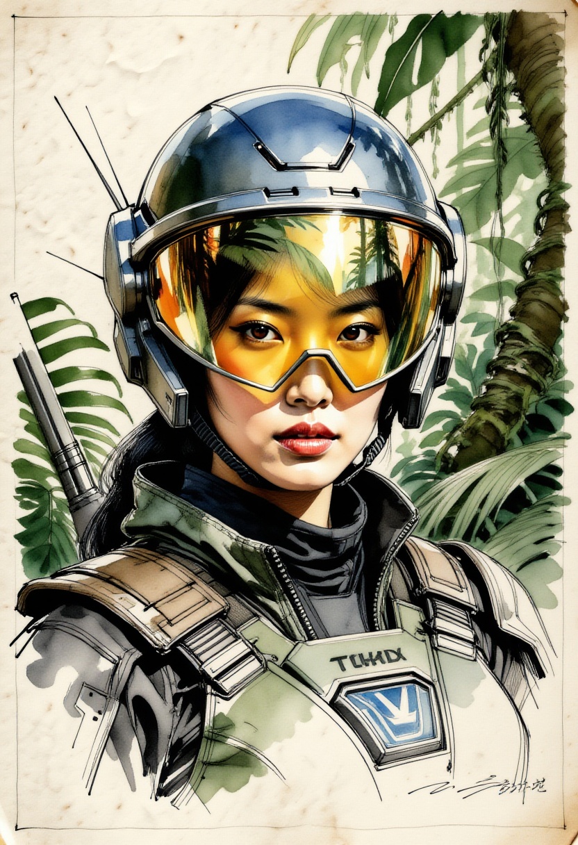 detailed gouache with outline in ink on textured paper,  depict a mercenary,  portrait of stunning japanese female sci-fi...