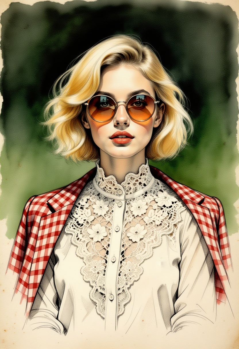 detailed gouache with outline in ink on textured paper,  portrait of a young woman with fair skin and short wavy blonde ha...