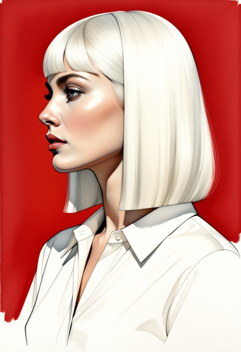detailed gouache with outline in ink on textured paper,  vertical portrait composition of a woman with straight,  pale whi...
