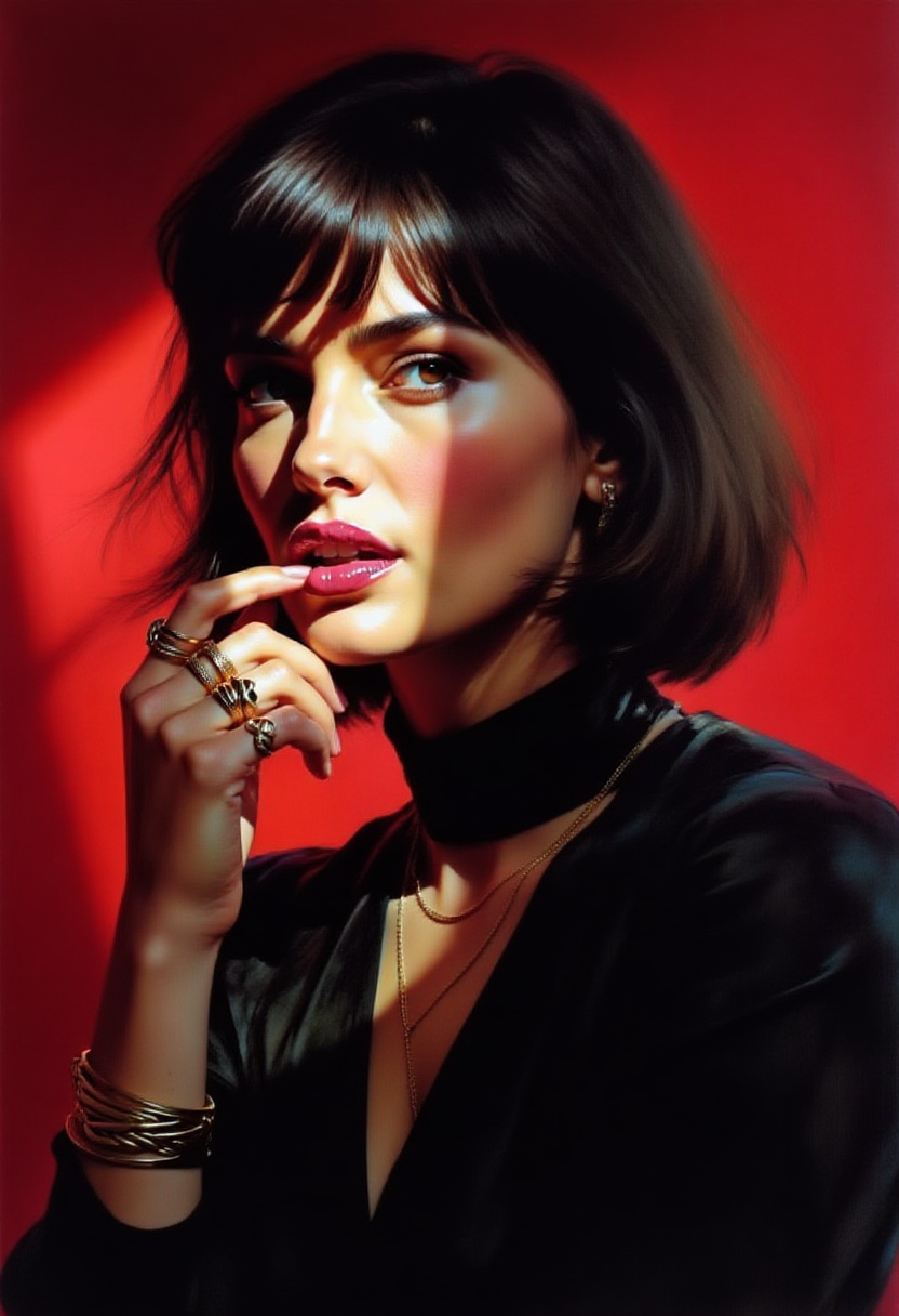 gouache painting,  portrait of against a vibrant red background. The lighting is dramatic,  with a sharp on Tensor.Art