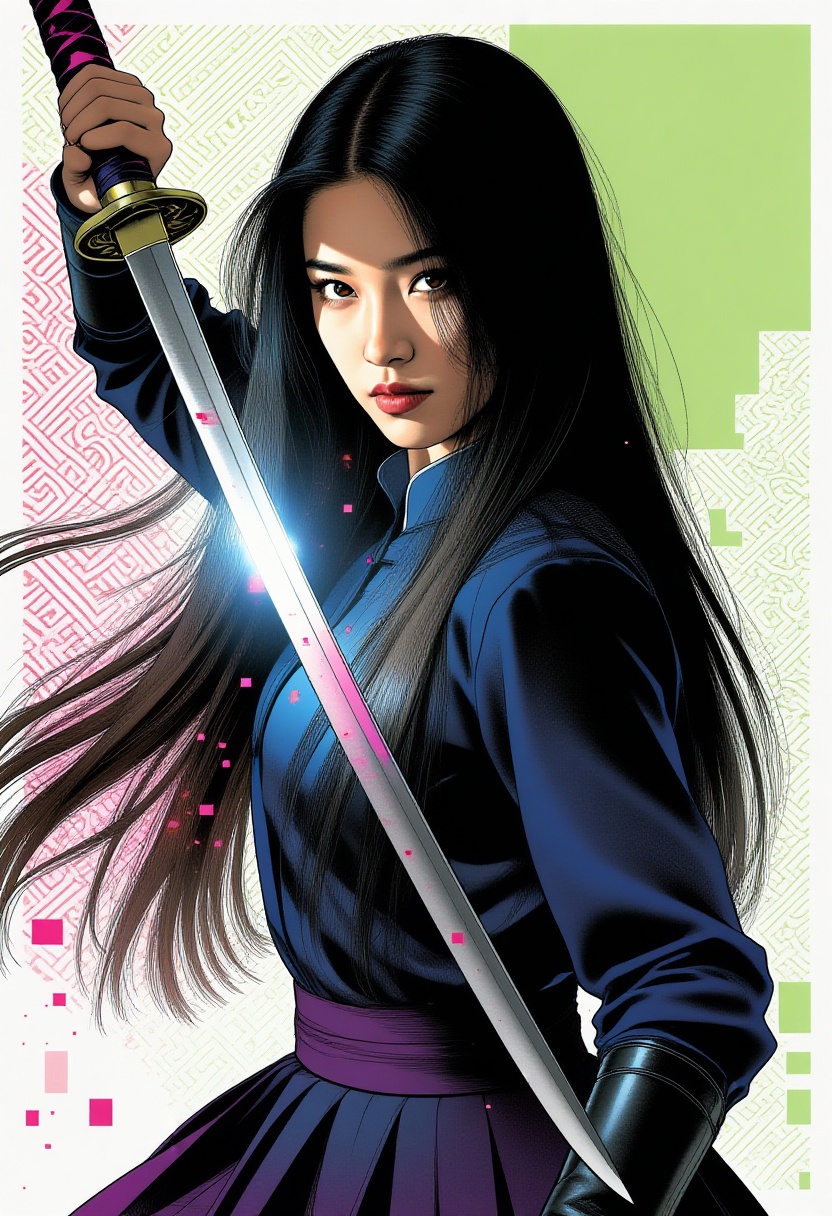 gouache painting,  waist-up portrait of a long-haired ingenue wielding a single Indonesian sword,  warrior stance on Tenso...