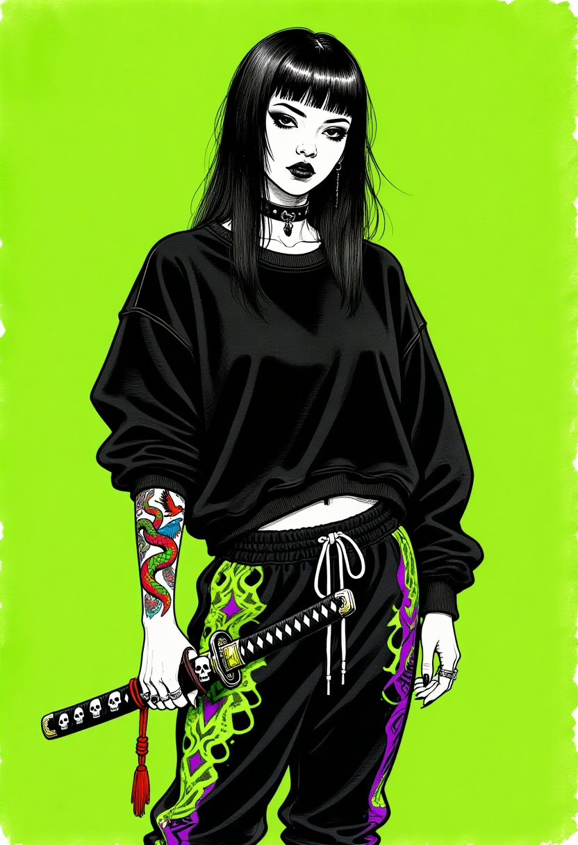 detailed gouache with outline in ink on textured paper,  depict a young woman with pale skin,  straight black hair with bl...