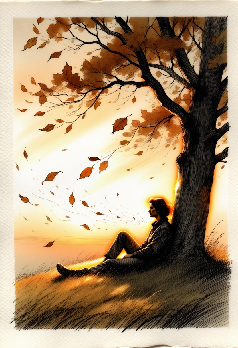 detailed gouache with outline in ink on textured paper,  depict a person sitting under tree,  leaning against trunk on Ten...