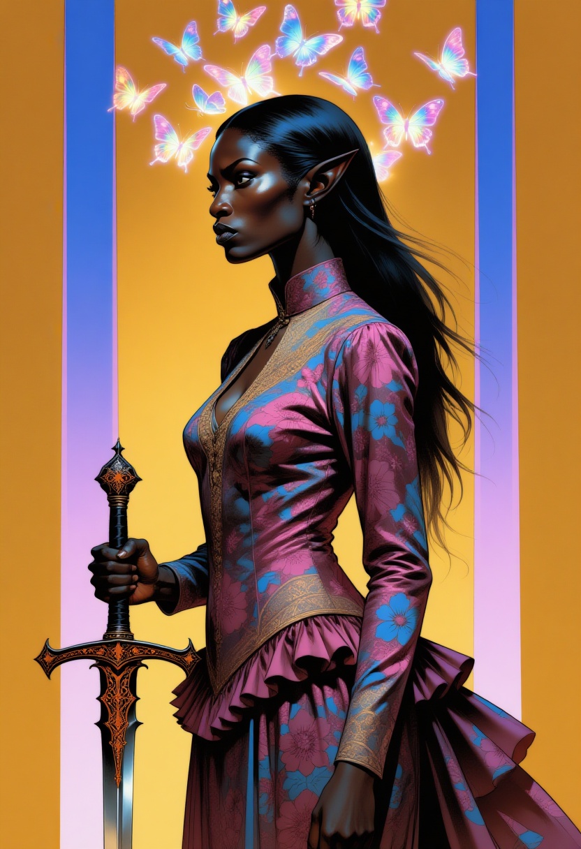 gouache painting,  portrait of a dark-skinned female elf in profile,  facing slightly to the left on Tensor.Art
