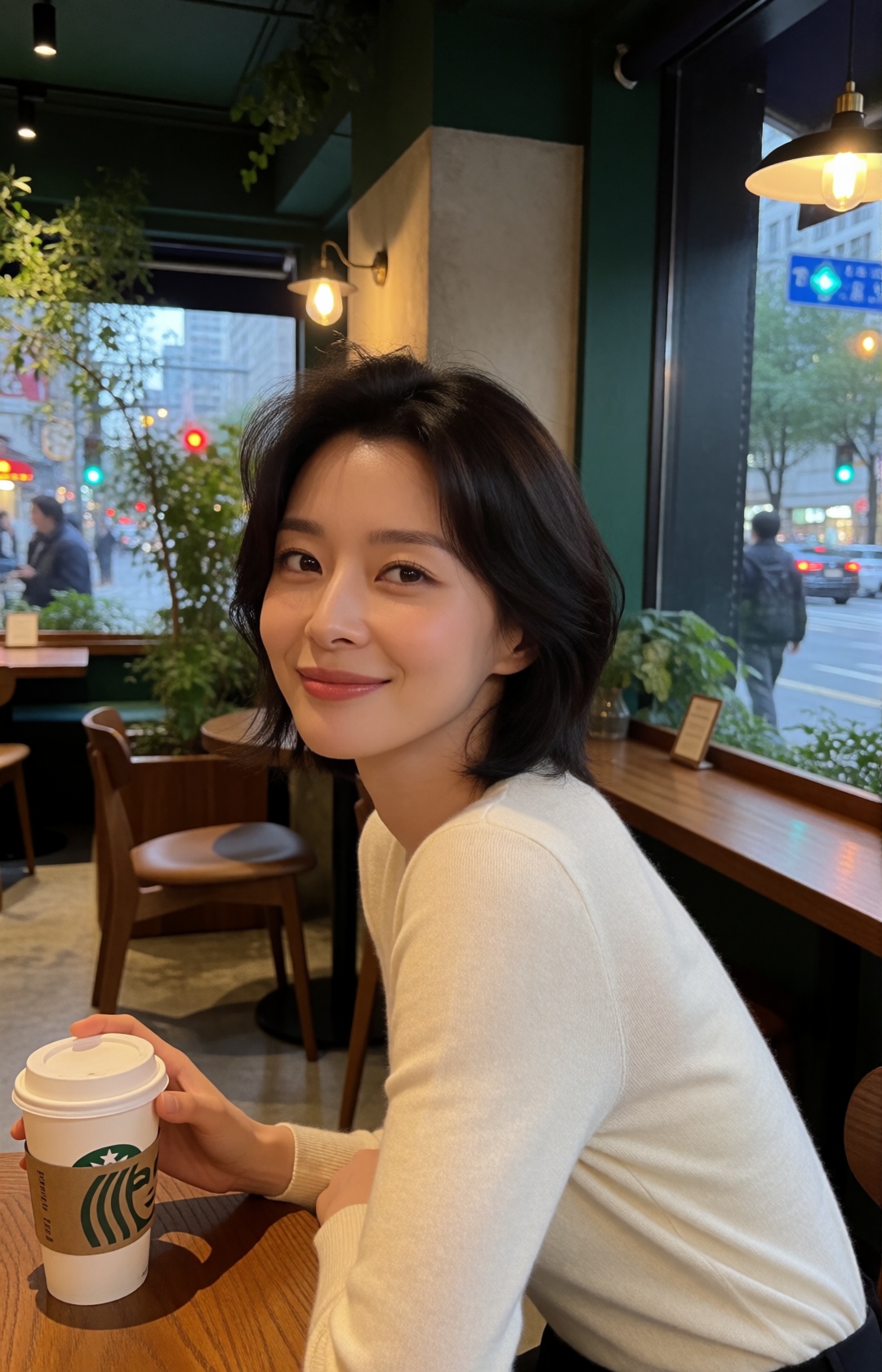 luxury candid café editorial portrait of a stunning Korean woman sitting at a stylish Starbucks café table,  gently smilin...