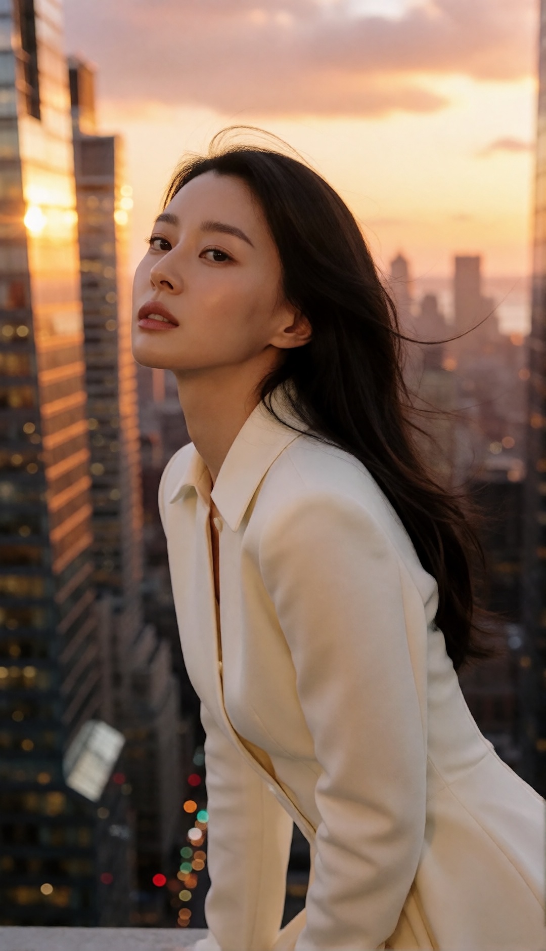 luxury Manhattan penthouse editorial at sunset,  stunning young korean woman captured in a fluid and dynamic fashion pose,...